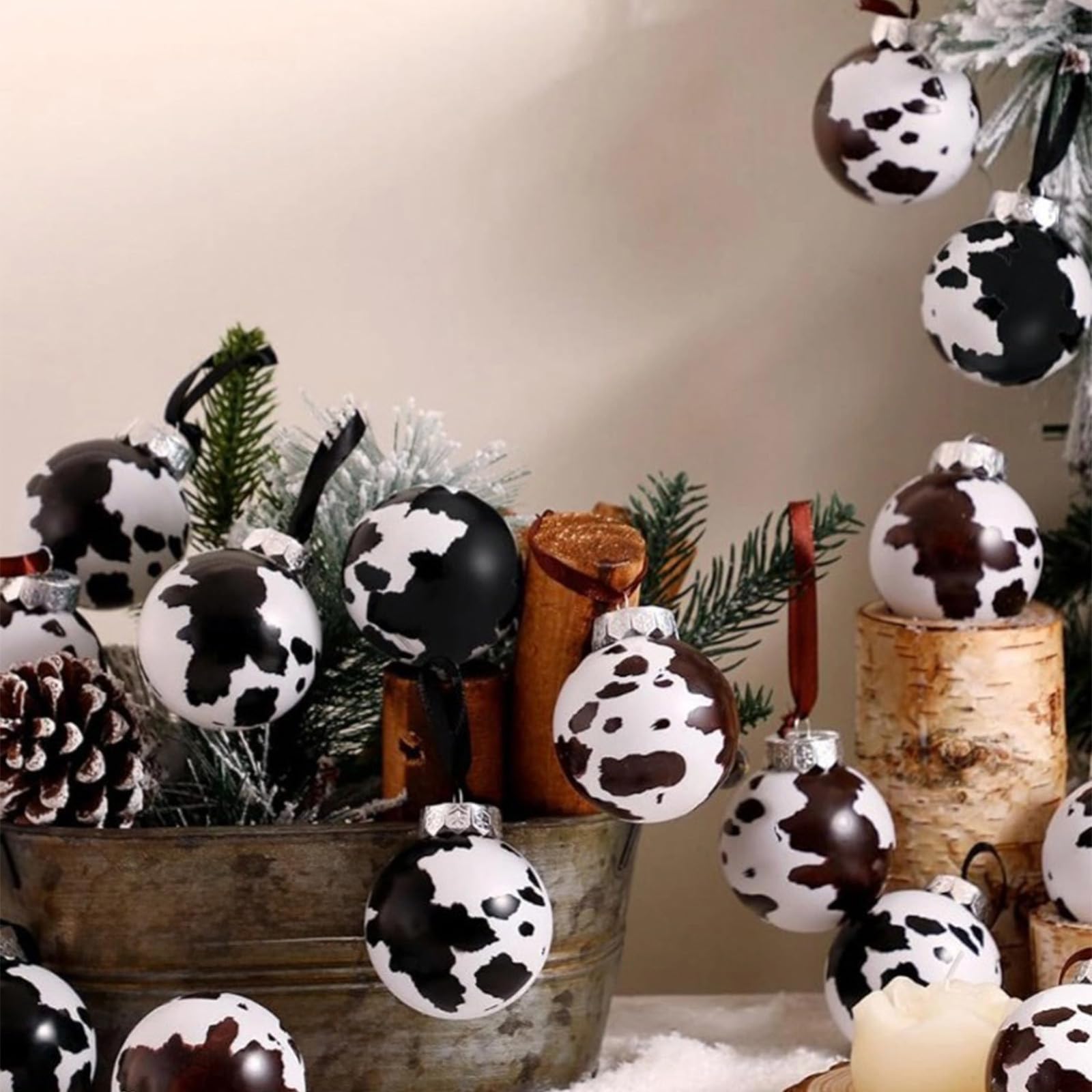 12PCS Cow Print Christmas Ball Ornaments – 6cm Black White & Brown Cow Pattern Baubles Set for Xmas Tree Holiday Decor — image 1