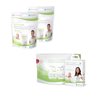 Ardo Easy Store Breast Milk Storage Bags 2 Packs of 50 ea and Easy Clean Multi-Use Microwave Steam Cleaning Bags for Breastfeeding Accessories 5 Bags, 100 Cleaning Cycles