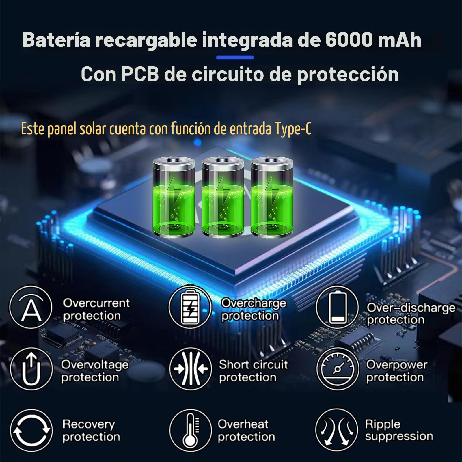 Panel solar de 3 W/5 V con batería incorporada de 6000 mAh, puertos DC/USB-C/Micro USB, carga múltiple de dispositivos, compatible con cámaras Ring, eufy, Reolink, Blink y otras, así como dispositivos