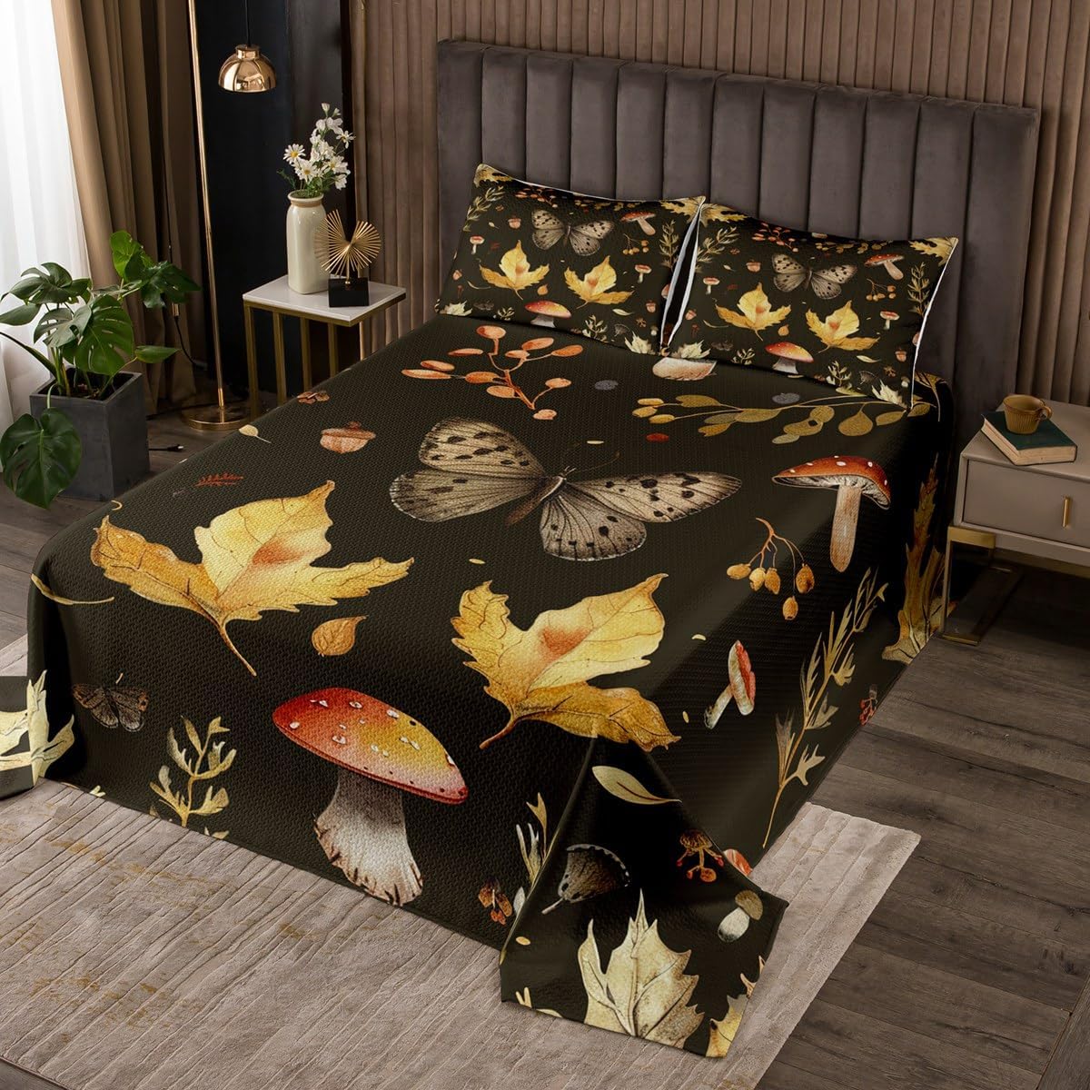 Botanical Garden Plants Bedspread King,Mushroom Butterfly Maple Leaves Quilted Coverlet 3pcs for Adults Teens Room Decor,Fall Theme Soft Breathable Bedding Quilt