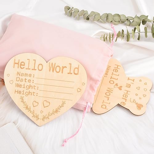 Miniatura 5 de 2 tarjetas de madera para bebé, Hello World" lindo oso en forma de corazón mensual de madera para hospital, letrero de anuncio de nacimiento para