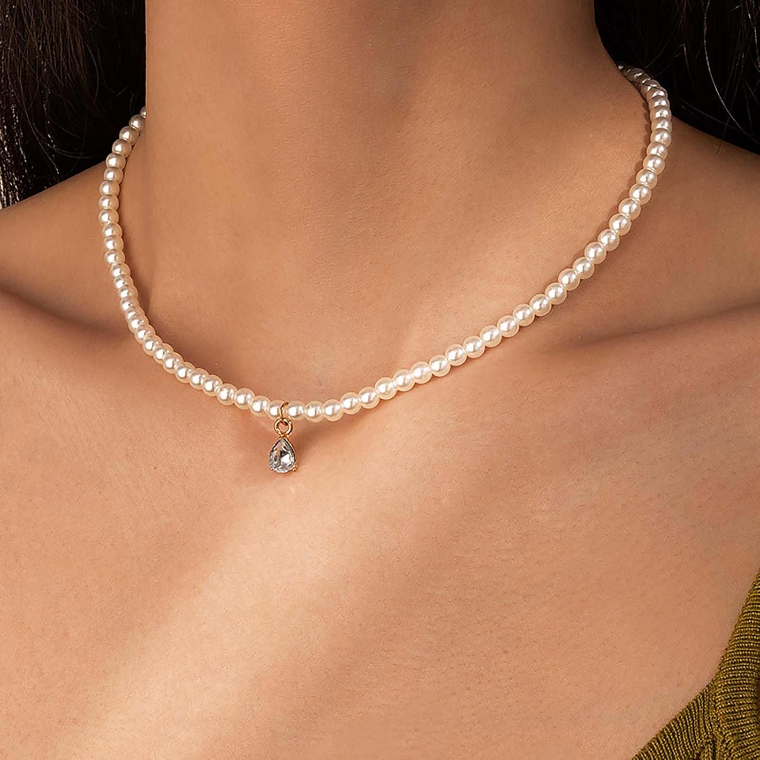 Bohemian Teardrop Crystal Emerald Choker Necklace Small Pearl Cz Pendant Necklace Round Pearl Collar Necklace Water Drop Emerald Pearl Necklace Jewelry for WomenGifts - Image 2