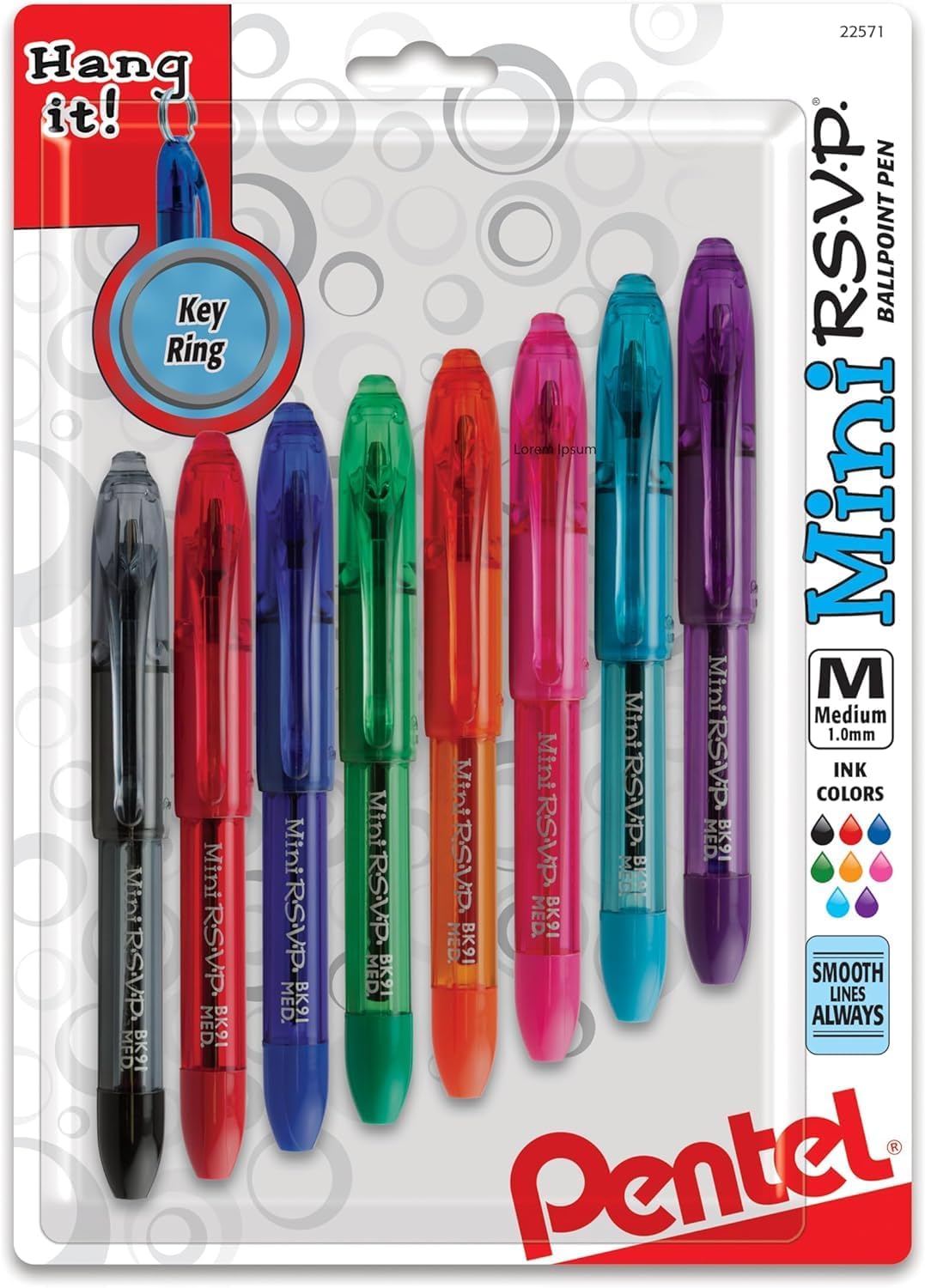 RSVP Mini Ballpoint Pen, (1.0mm) Medium Line, Assorted Ink Colors, w/Key Ring, 8 Pack