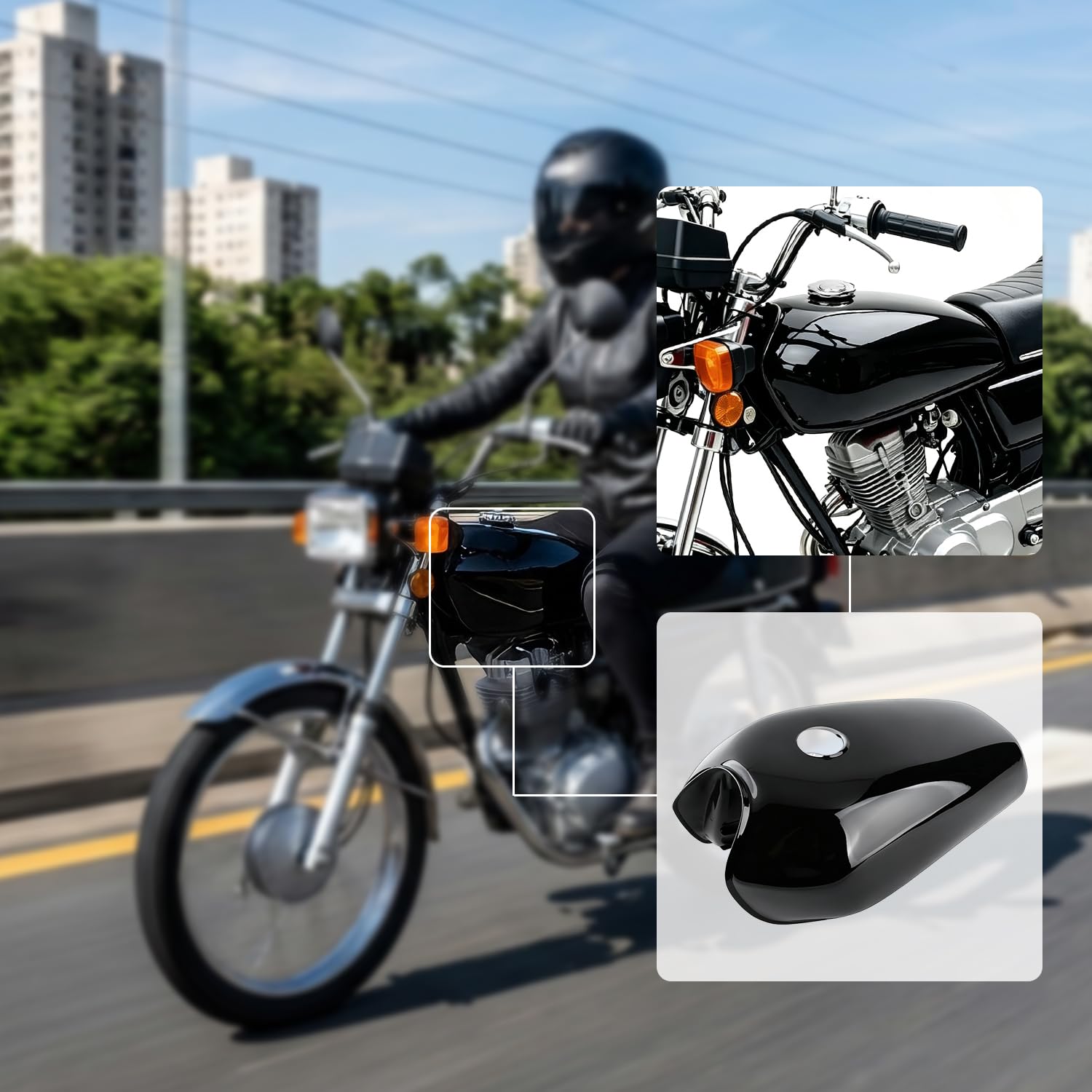 Uniwersalny zbiornik paliwa motocyklowego, pojemność 9 l, czarny, retro, z wyłącznikiem pokrywy, uniwersalny podział standardowy