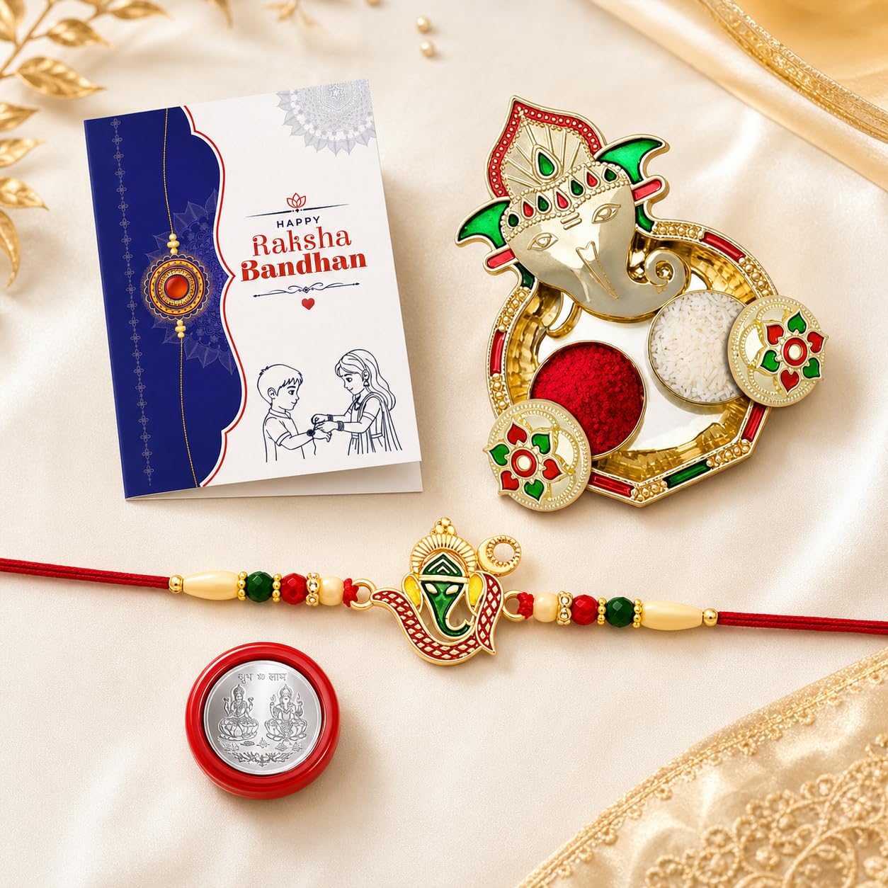 Oblivion Rakhi for Brother – Ganesh Ji Om Gold CZ Meenakari Fancy Designer Rakhi with Roli Chawal, Silver Colour Coin, Ganesh Ji Pooja Thali & Card – Raksha Bandhan Rakhi Gift Hamper for Bhai Bhabhi-image-16