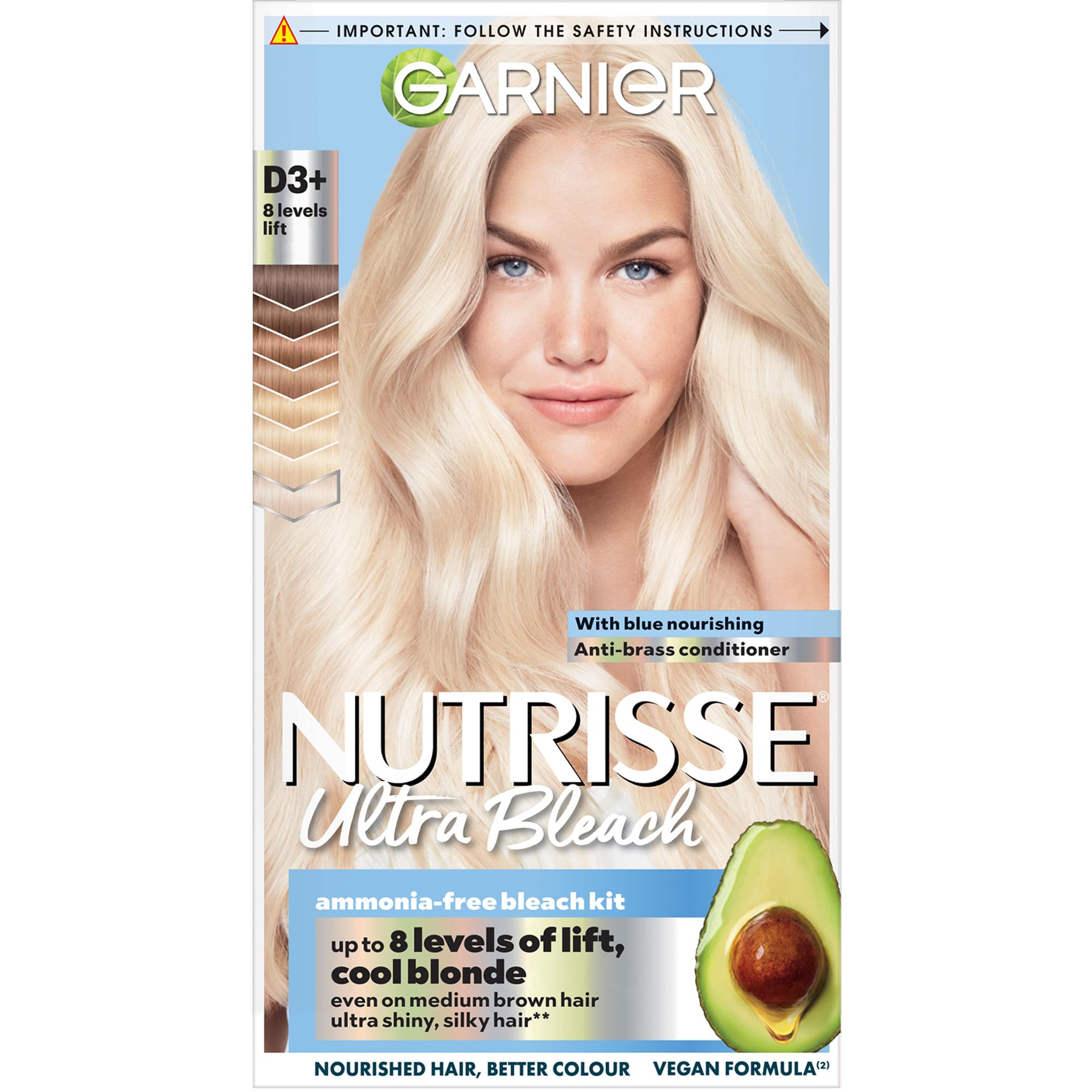 Garnier Nutrisse Ultra Bleach Hair Dye, Vegan, D3+ Cool Blonde. Delivers 100% grey coverage and 8 levels of lift. No-ammonia, vegan for a brilliant, icy cool blonde transformation.