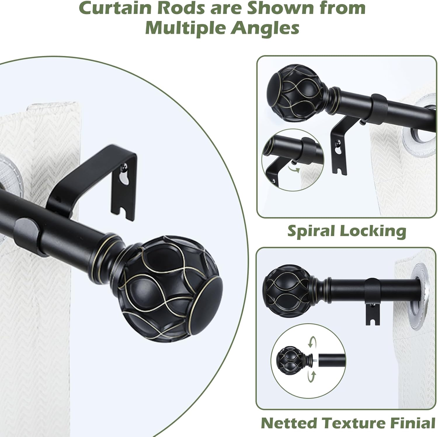 Black Curtain Rods for Windows:Farmhouse Boho Decorative Curtain Rod for Bedroom Living Room,Heavy Duty Adjustable Rustic Drapery Rods Set with Vintage Coastal Texture Finials,Matte Black 36-88"