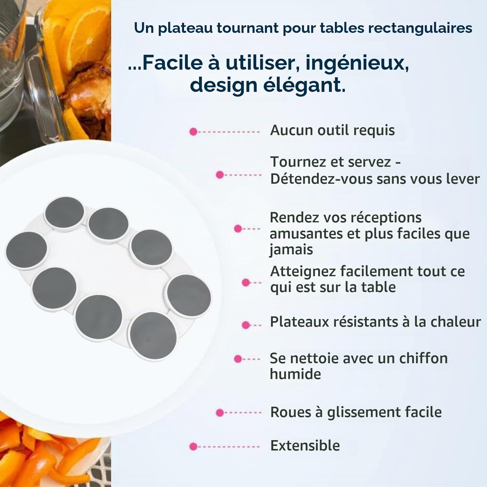 Plateau Tournant 360° Rotation, Acier Inoxydable pour Tables Rectangulaires et Oblongues, Facile à Assembler avec Accessoires Complets