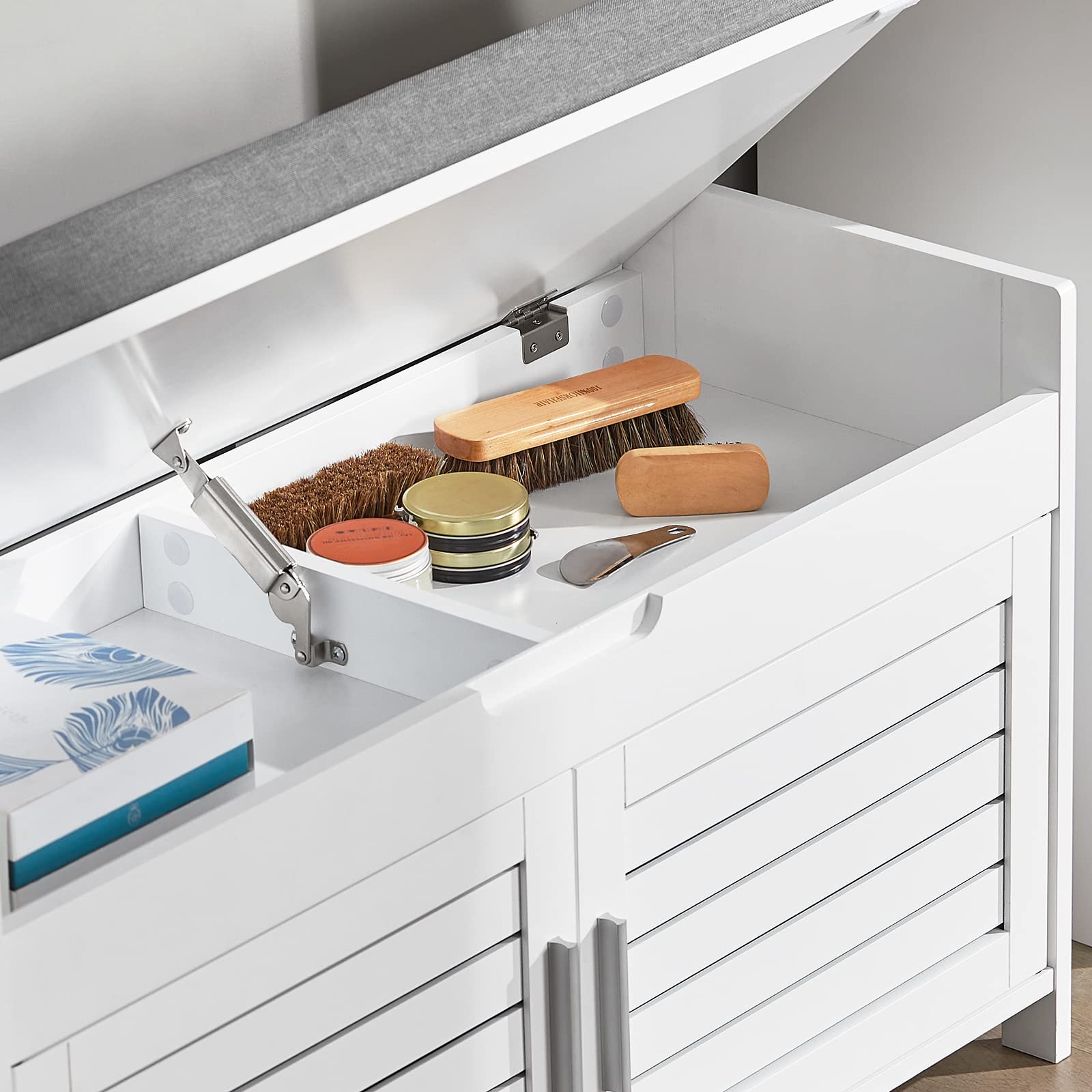 SoBuy Banco Zapatero con 2 Puertas 90x33x50cm para recibidor | Zapatero entrada con asiento, MDF y pino, estante ajustable 3 alturas, capacidad 100kg blanco FSR102-W