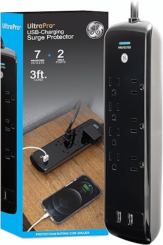 GE Pro - Protector de sobretensiones de 7 salidas, 2 puertos USB, cable de extensión de 3 pies, 1780 julios, 2.1 amperios10 vatios, 3 tomas