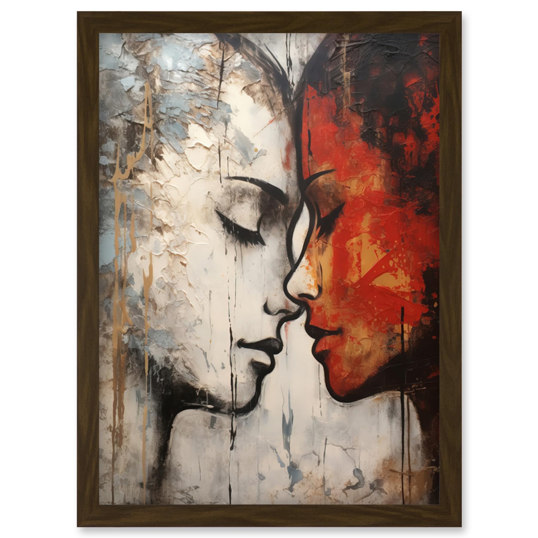 Artery8 Affection Thick Paint Oil Painting Red Bold Blue Gay Lovers Emotional Connection Women Love Lesbian Artwork Framed Wall Art Print A4