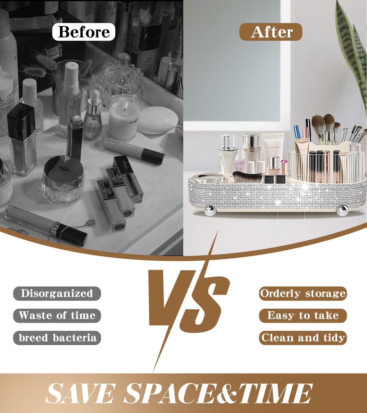 Yivaiks 360° Rotate Bling Makeup Organizer for Vanity Cosmetic Countertop Rhinestones Makeup Brush Holder Skincare Organizers Desk Storage Accessories