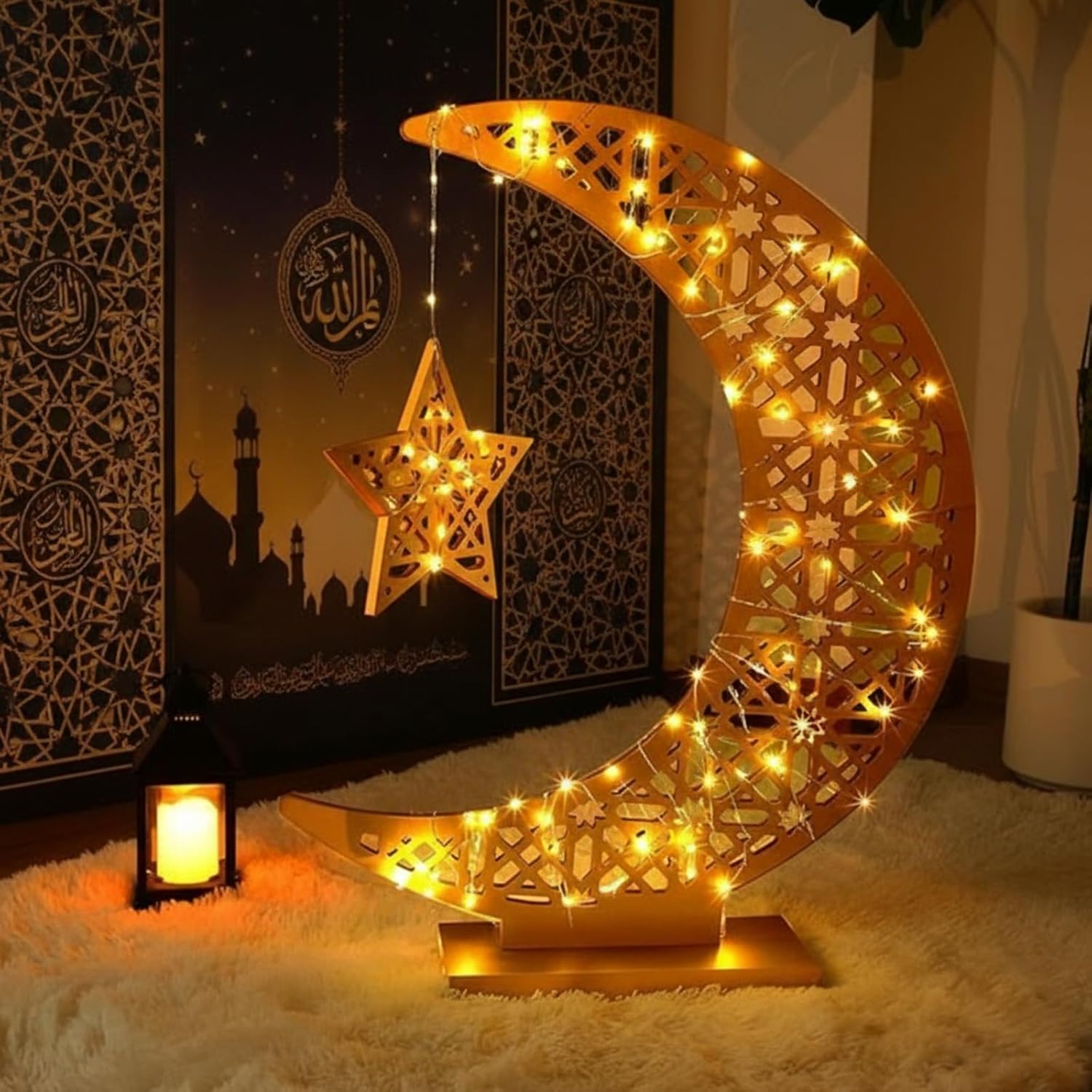 Tujoe Ramadan Crescent Moon 22.4 x 26.3 Inch Wooden Moon Decorations Lights for Home Eid Mubarak Star Crescent Eid Crafts Light Stand Mubarak Table Centerpiece with Star Ornament for Home Islamic Gift