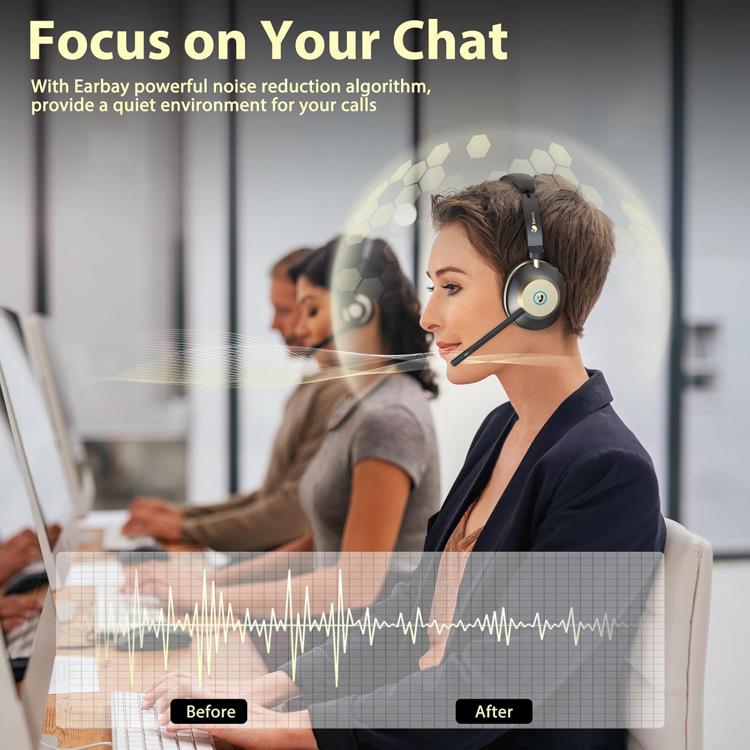 Person using headset with a graph showing noise reduction before and after