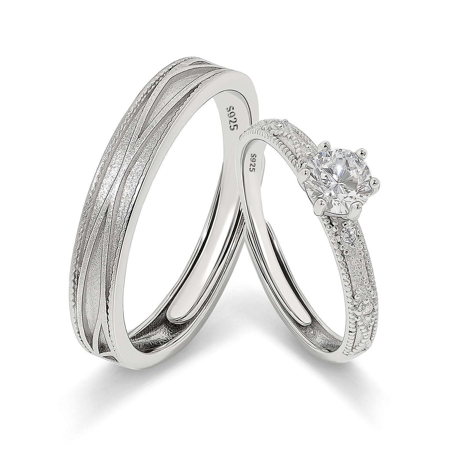 Meissa Anillos Promesa Alianzas de Plata Pareja Solitario Plata de ley 925 Mujer Ajustable Anillo de Compromiso Boda para Pareja Novios Regalo de San Valentín Aniversario (Juego de dos anillos)
