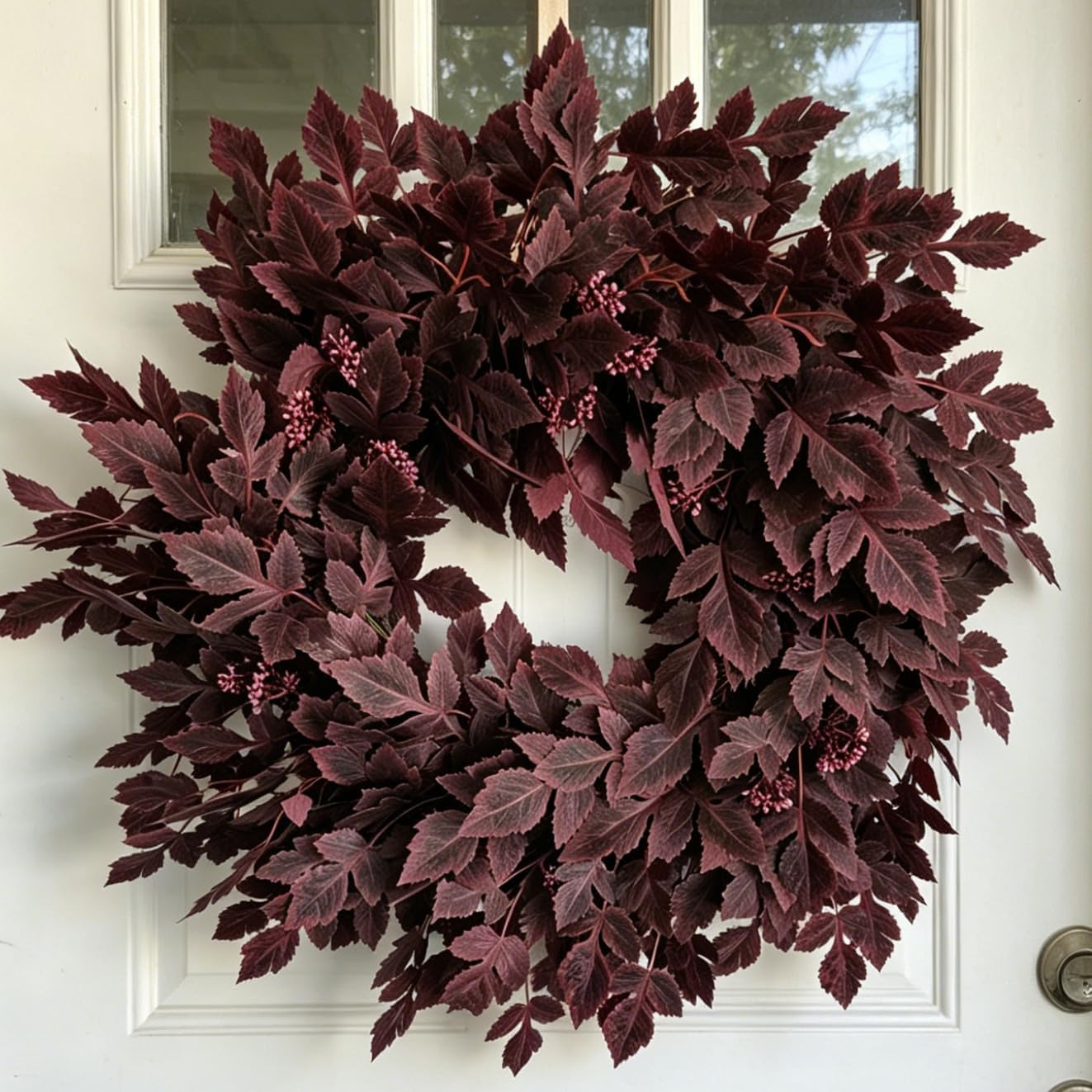 GIAUMA 26" Fall Artificial Cimicifuga Leaves Wreath for Front Door Burgundy | Multi-year reusable,Uv-Resistant, No Assembly,Realistic, Dark Red,Fall / Halloween / Thanksgiving Decor, Indoor & Outdoor Use