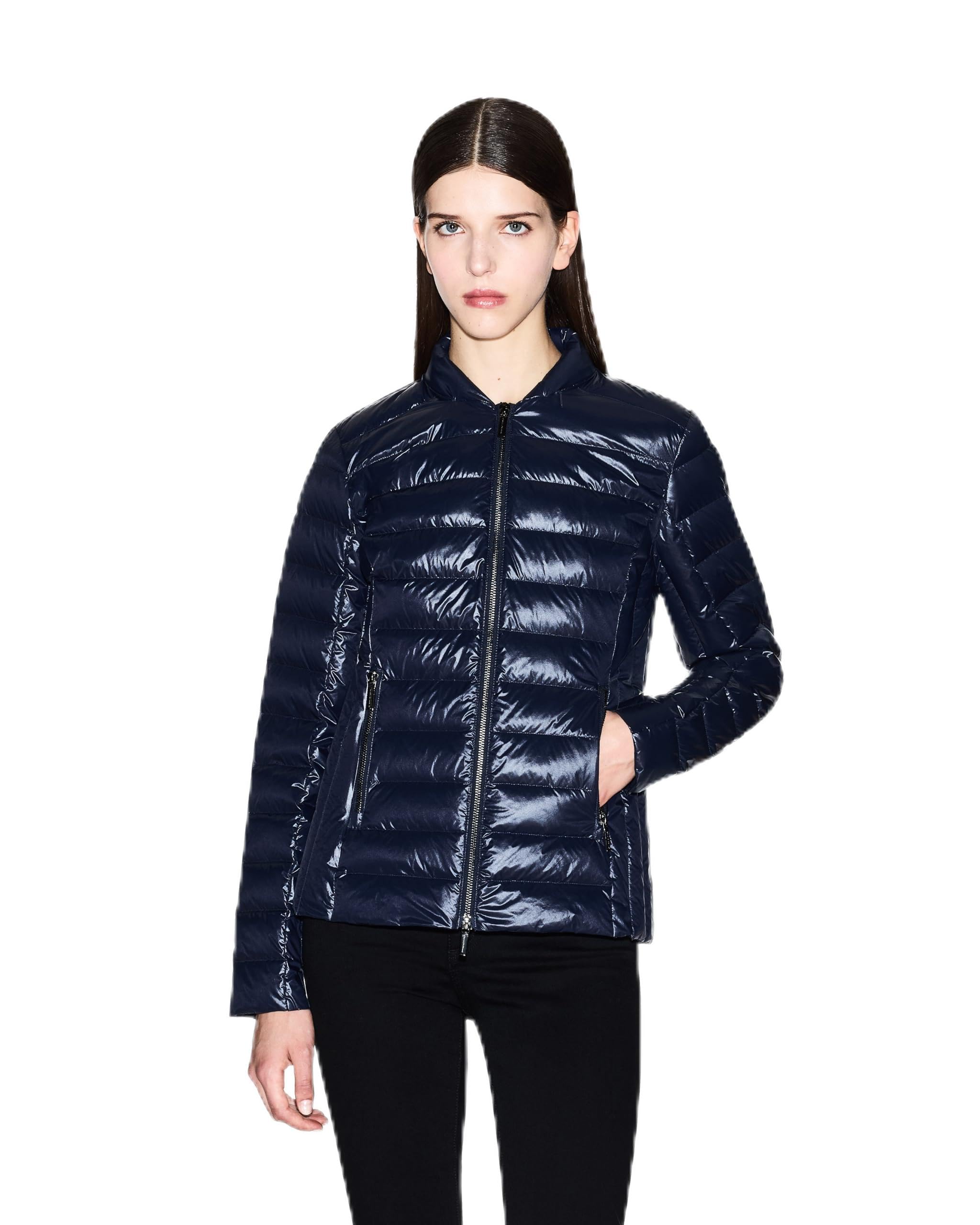 Armani Exchange Women's Padded Side Logo Patch Adjustable Collar, Jacket, Blue, S