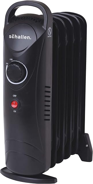 Schallen Black Portable Electric Slim Oil Filled Radiator Heater with Adjustable Temperature Thermostat, 3 Heat Settings & Safety Cut Off (800W | 6 Fin)