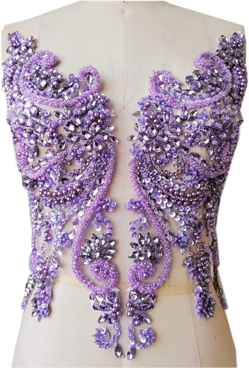 Handmade Rhinestones Lace Bodice Applique Sew on Beads Sequins Trimming Patches for Dress Clothing Accessories