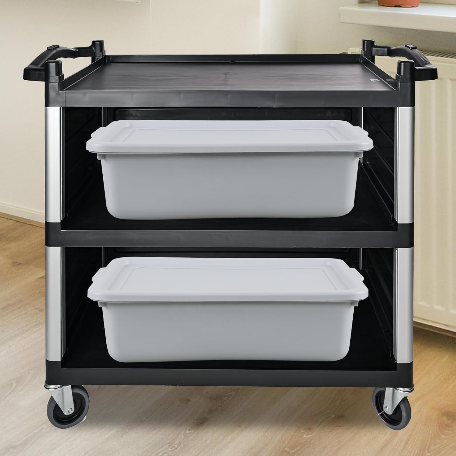 13 L Plastic Bus Tub with Lid, Plastic Restaurant Dish Tub, 3 Packs