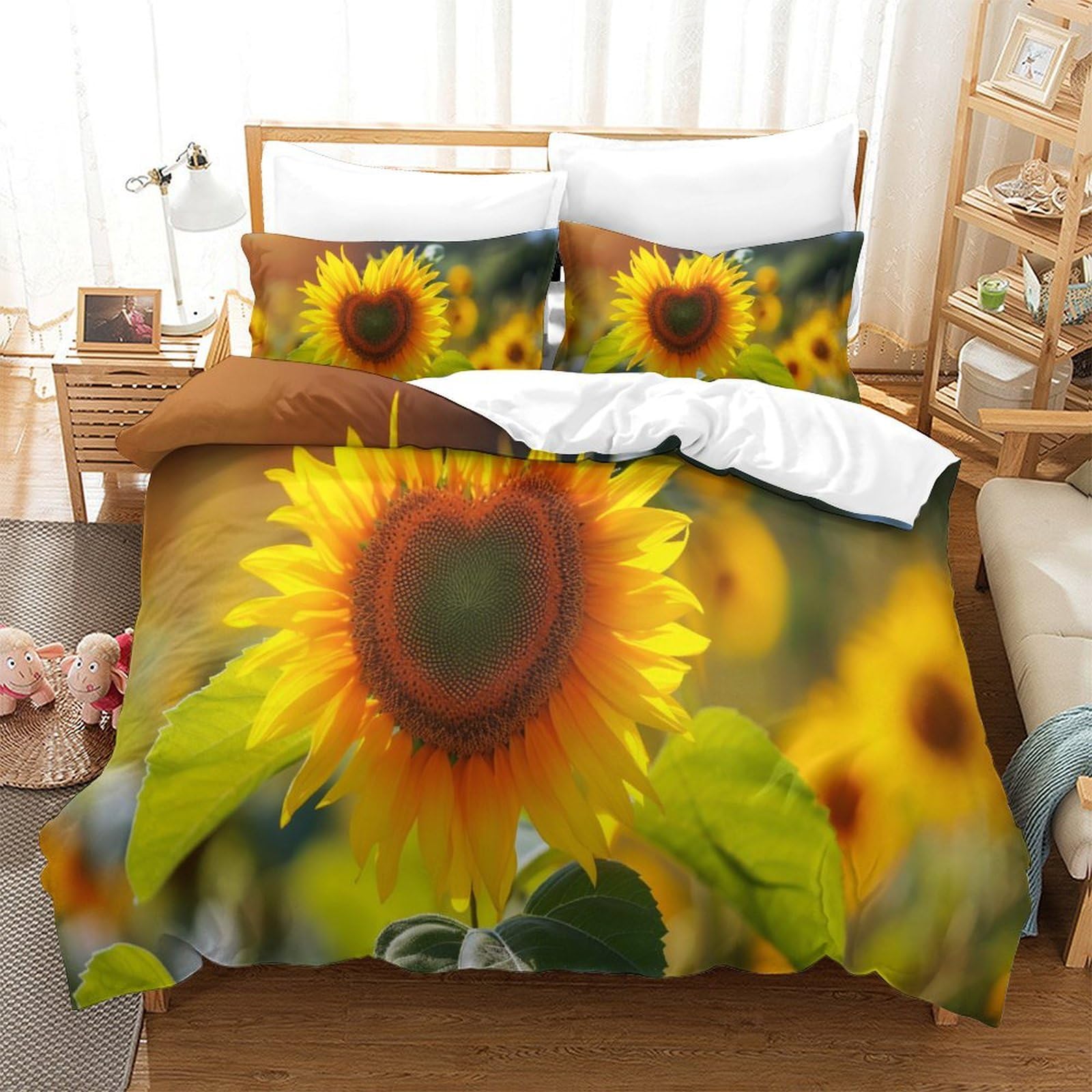 P1S9U7W5Y 3D Printed Sunflower Design Duvet Cover Set 3pcs Microfiber Floral Bedding Set Super king（260x220cm）