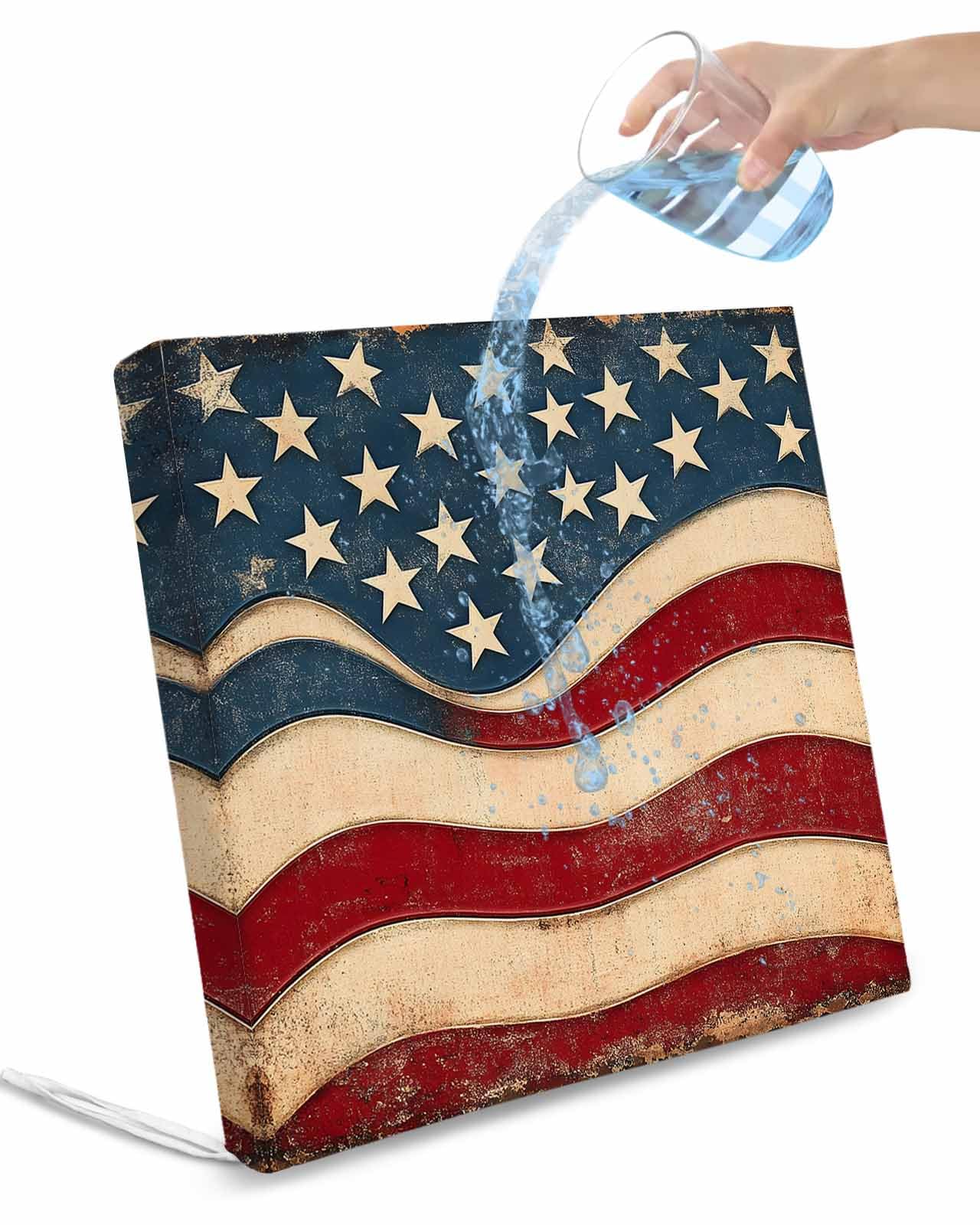 2 Pack Vintage American Flag Waterproof Cushion Covers with Ties, Outdoor Patio Chaise Lounge Chair Seat Cushion Slip Covers Replacement(Only Cover) Blue Red White Star US Flag 24