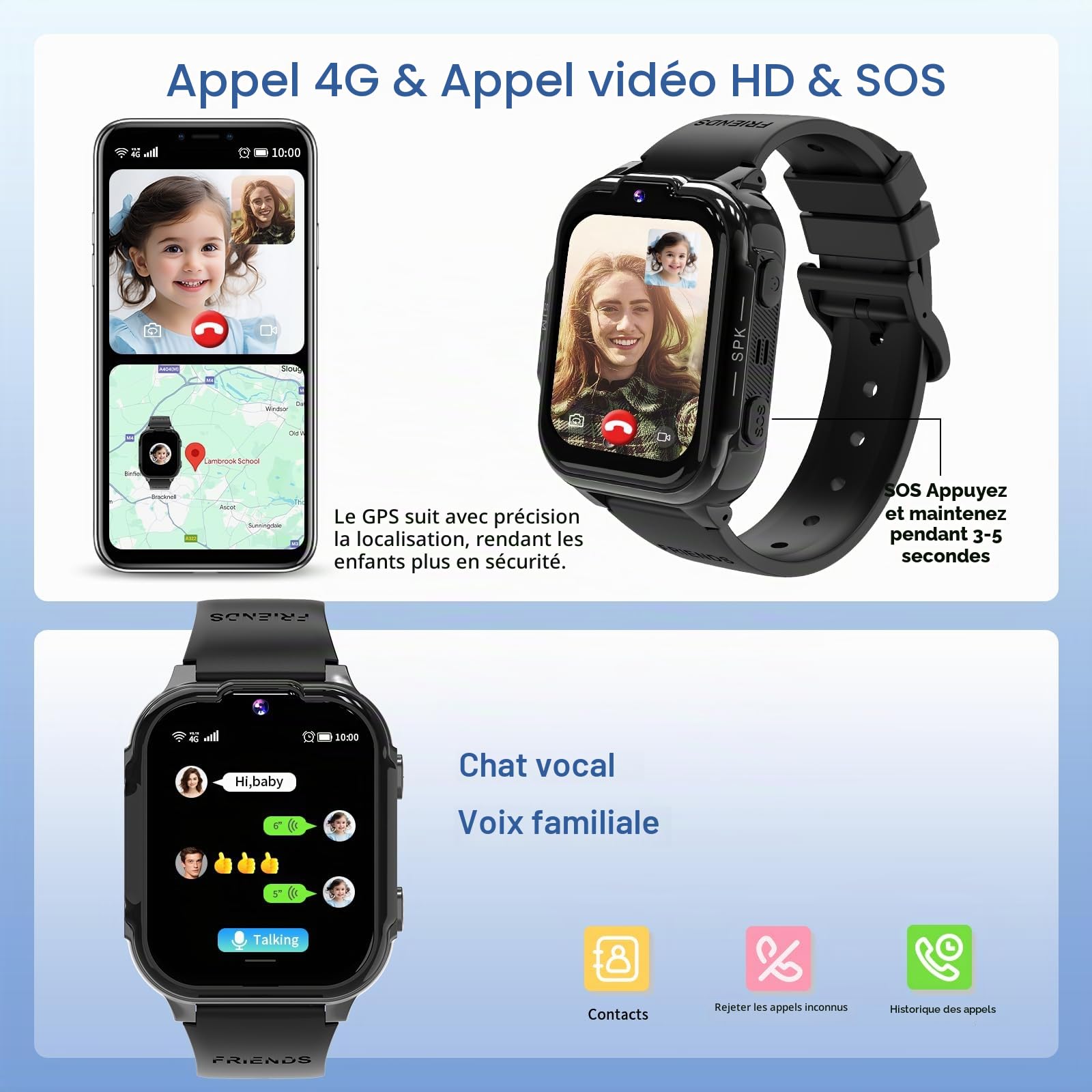 UBUNRER 4G Montre Connectée Enfant Traceur GPS Appel Vidéo SOS Jeux Réveil | Podometre Calculatrice Étanche Montre Enfant Garcon Fille Digitale Cadeaux-