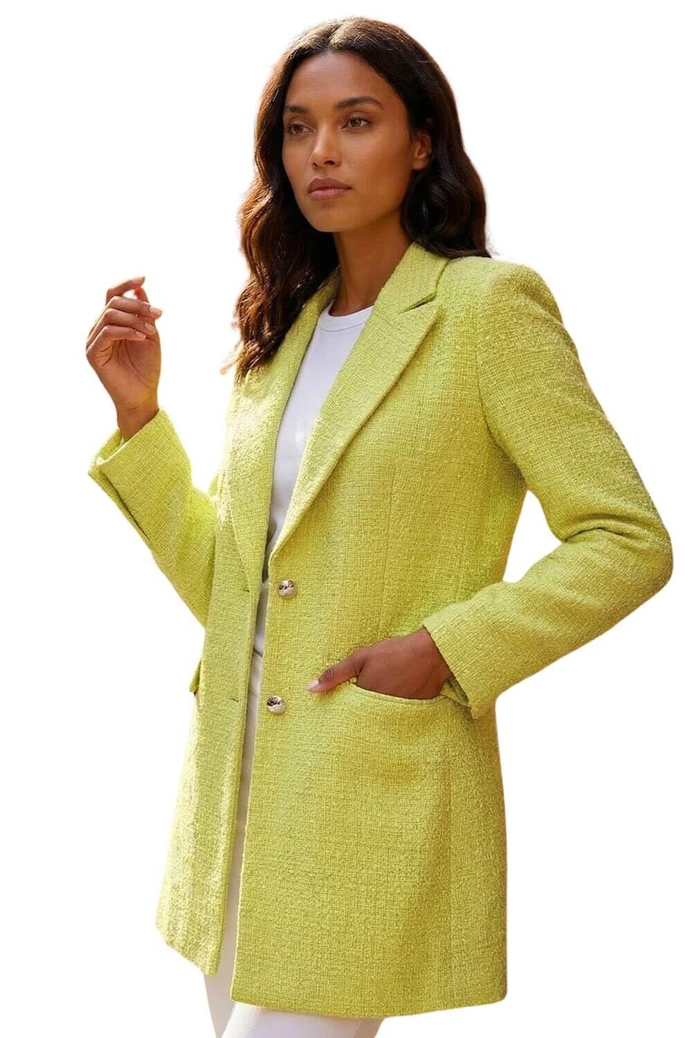 Roman Women's Lime Longline Boucle Textured Jacket In | Size: 10
