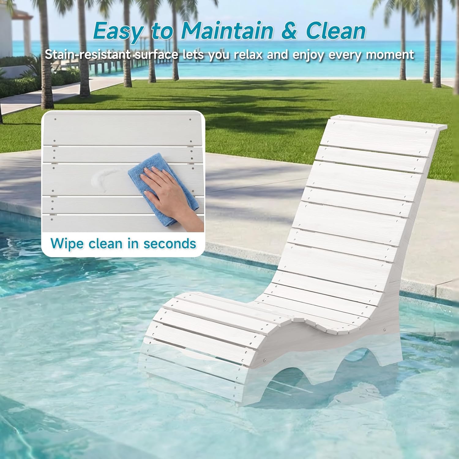 Pool Lounge Chairs Set of 2 for Baja Shelf, Ergonomic S-Contour Pool Lounger for Ultimate Comfort, HDPS Non-Absorbent Material Pool Chairs with Unique M-Shape Base Anti-Float for Patio (White)