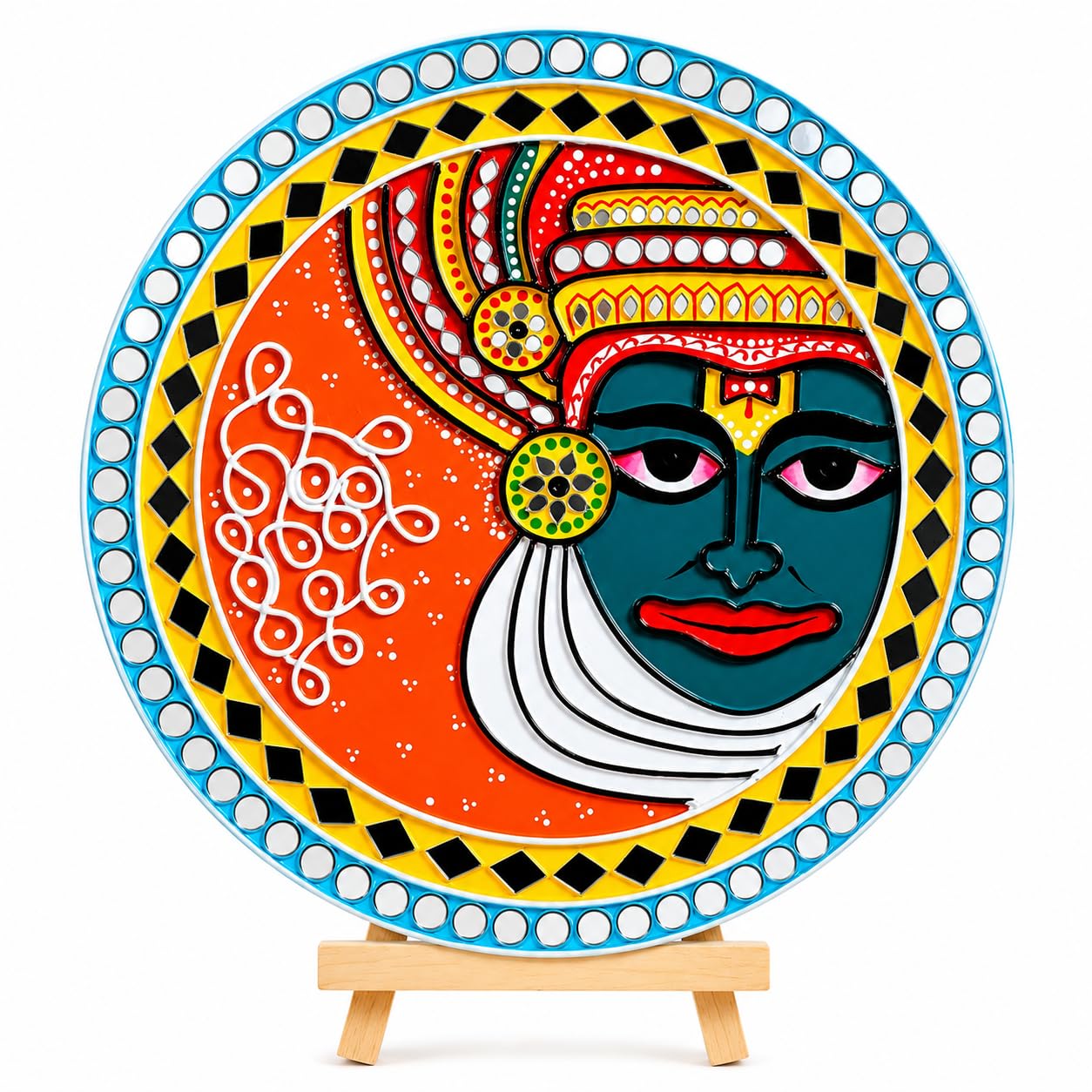 Kathakali Lippan Art Wall Hanging with Easel Stand, 12 Inch | Mud Mirror Work, Handmade Décor, South Indian Art, Textured Finish, Living Room Décor-image-22