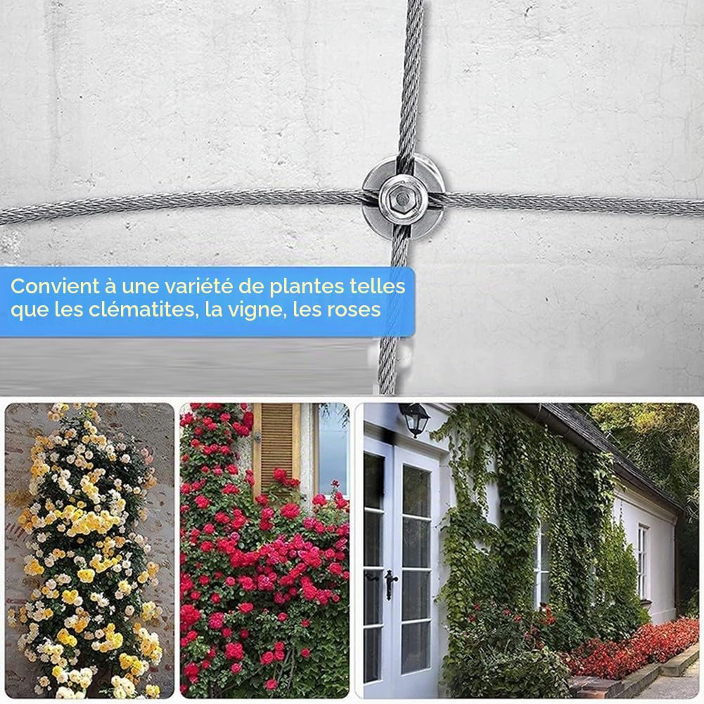 Treillis métallique en acier inoxydable pour plantes grimpantes, système de support de jardin avec accessoires complets (16 mètres)
