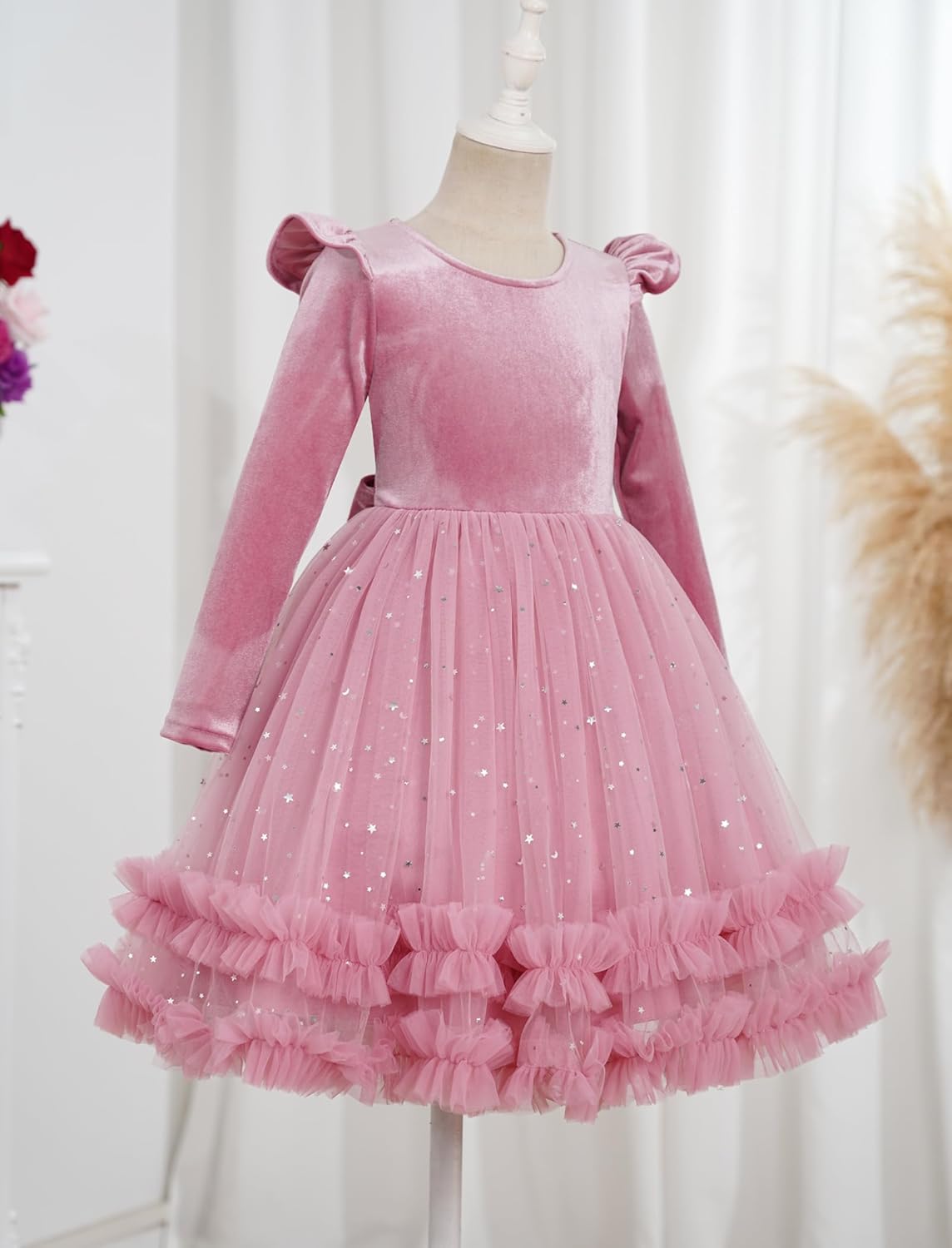 IDOPIP Toddler Baby Girls Velvet Tutu Dress Long Sleeve Princess Christmas Birthday Party Wedding Dresses Fall Winter Clothes