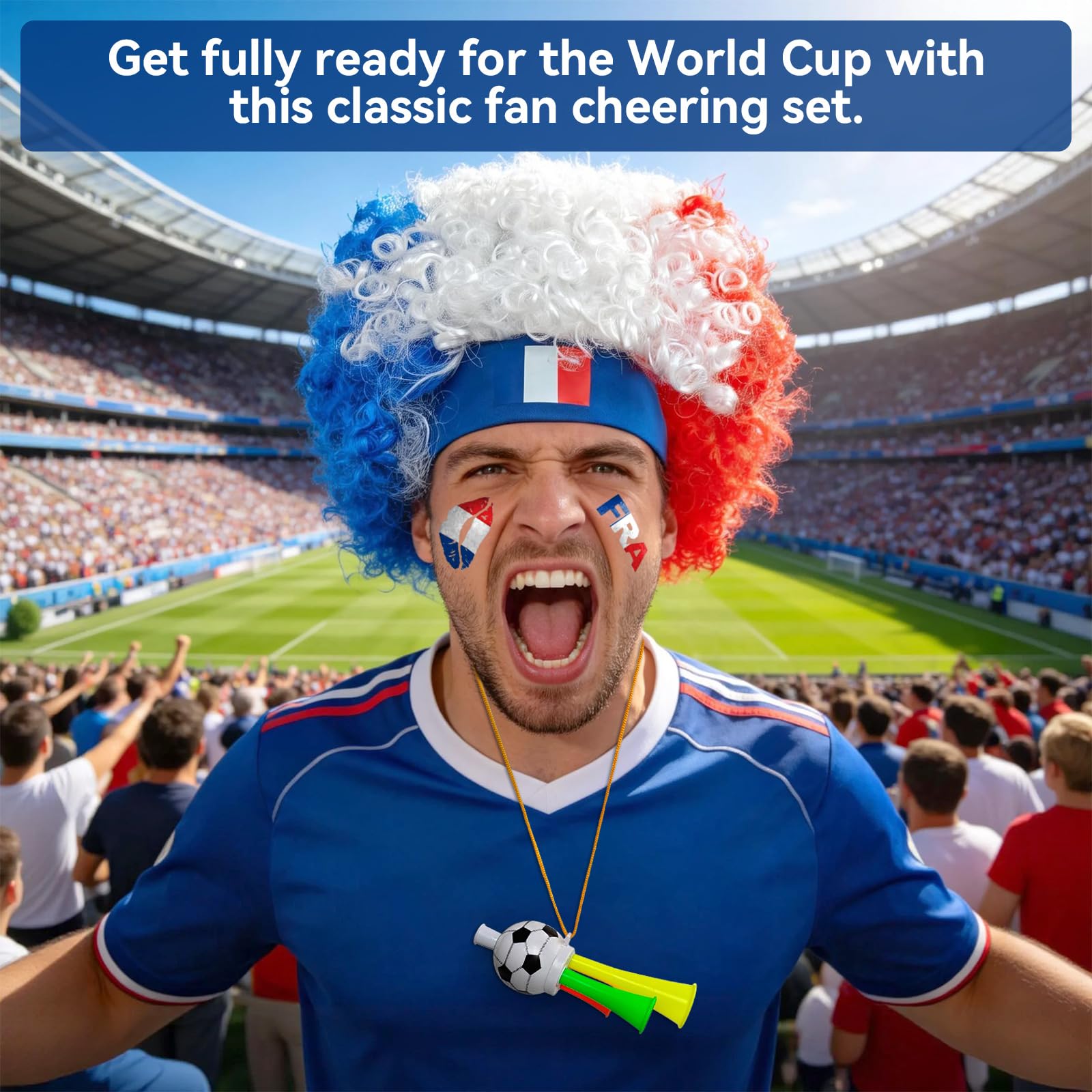2026 Soccer Fan Gear Set – France Flag Clown Wig, Temporary Tattoos & Loud Horn – Cheer Accessories for International Football Matches, Stadium Parties & Global Tournament Celebrations — view 2