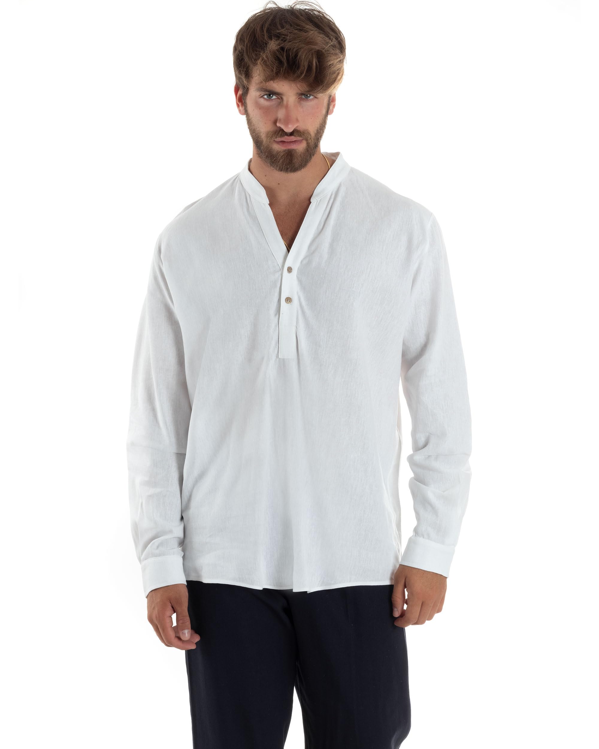 Camicia Maniche Lunghe Uomo Lino Regular Fit Collo Serafino alla Coreana Casual Tinta Unita Vari Colori