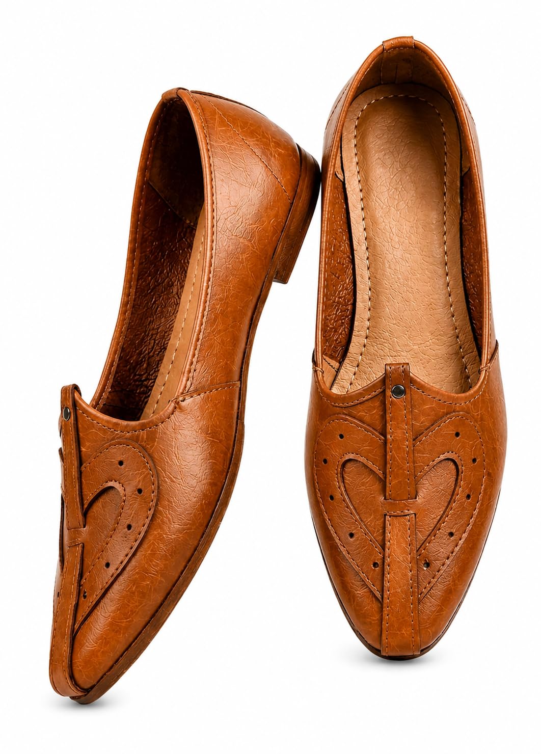 Men's Tan Leather Mojari Jutti, Pointed Toe, Ethnic Slip-On Loafers with Brogue Detail-picture-28