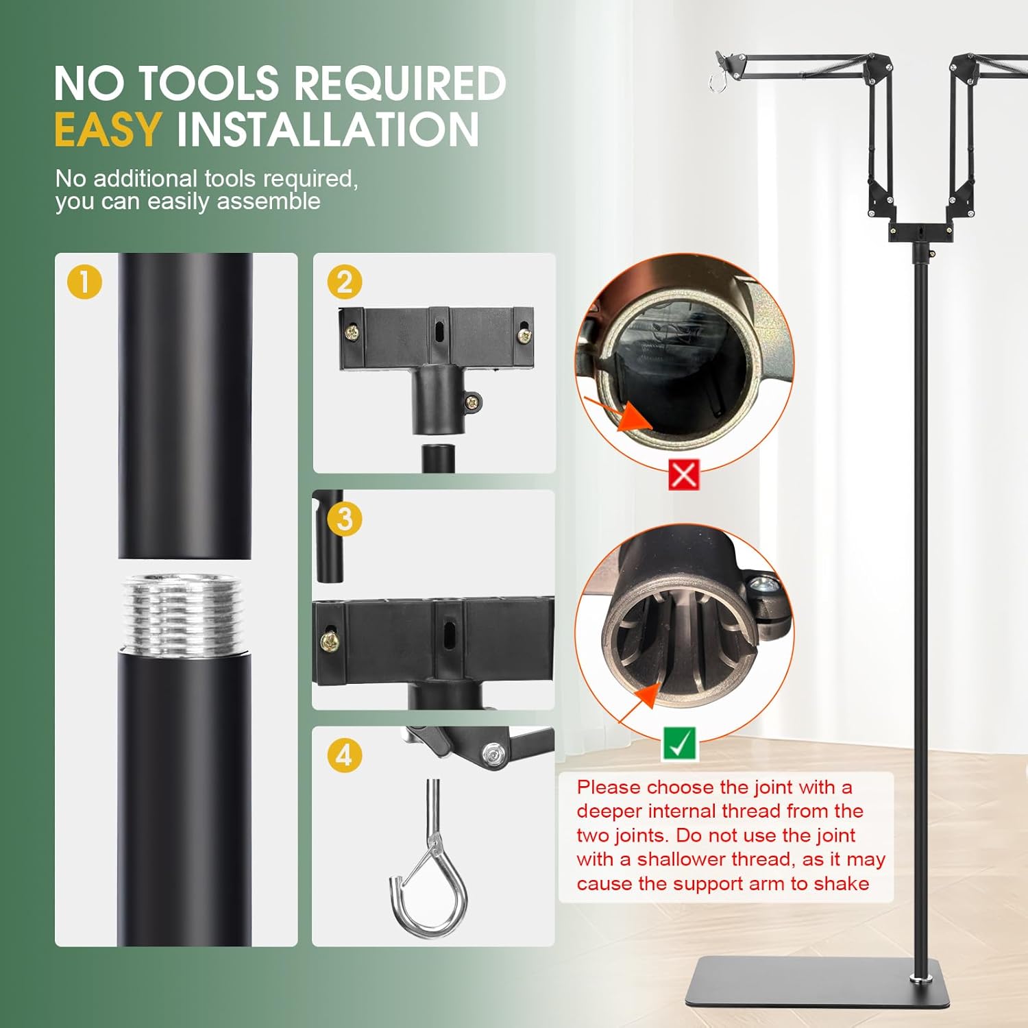 Dual Reptile Lamp Stand,15.7-74.3 Inch Height Adjustable Reptile Light Stand,360° Sewing Flexible Arms,Heat Lamp Stand for Reptiles Tank,Terrariums,Amphibian Cages&Plants