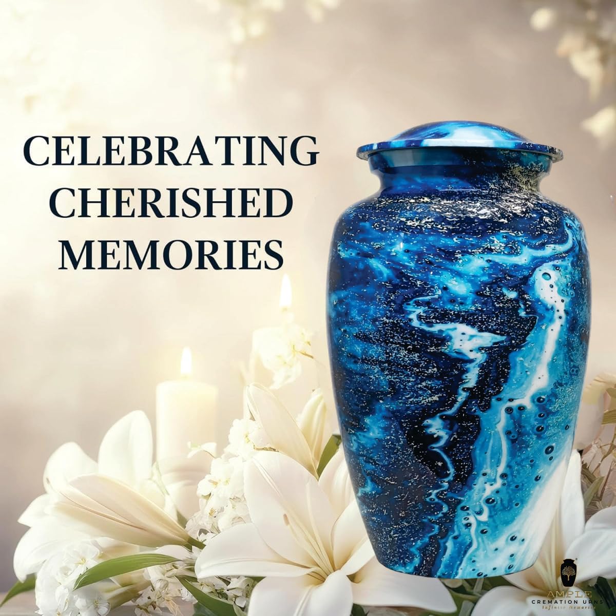 Handcrafted Metal Cremation Urn for Human Ashes – Secure Lid, Memorial for – Suitable for Home, Burial, or Columbarium I Multiple Designs (Divine Waves, 6.5 x 6.5 x 10.5 inches I 200 lbs.)