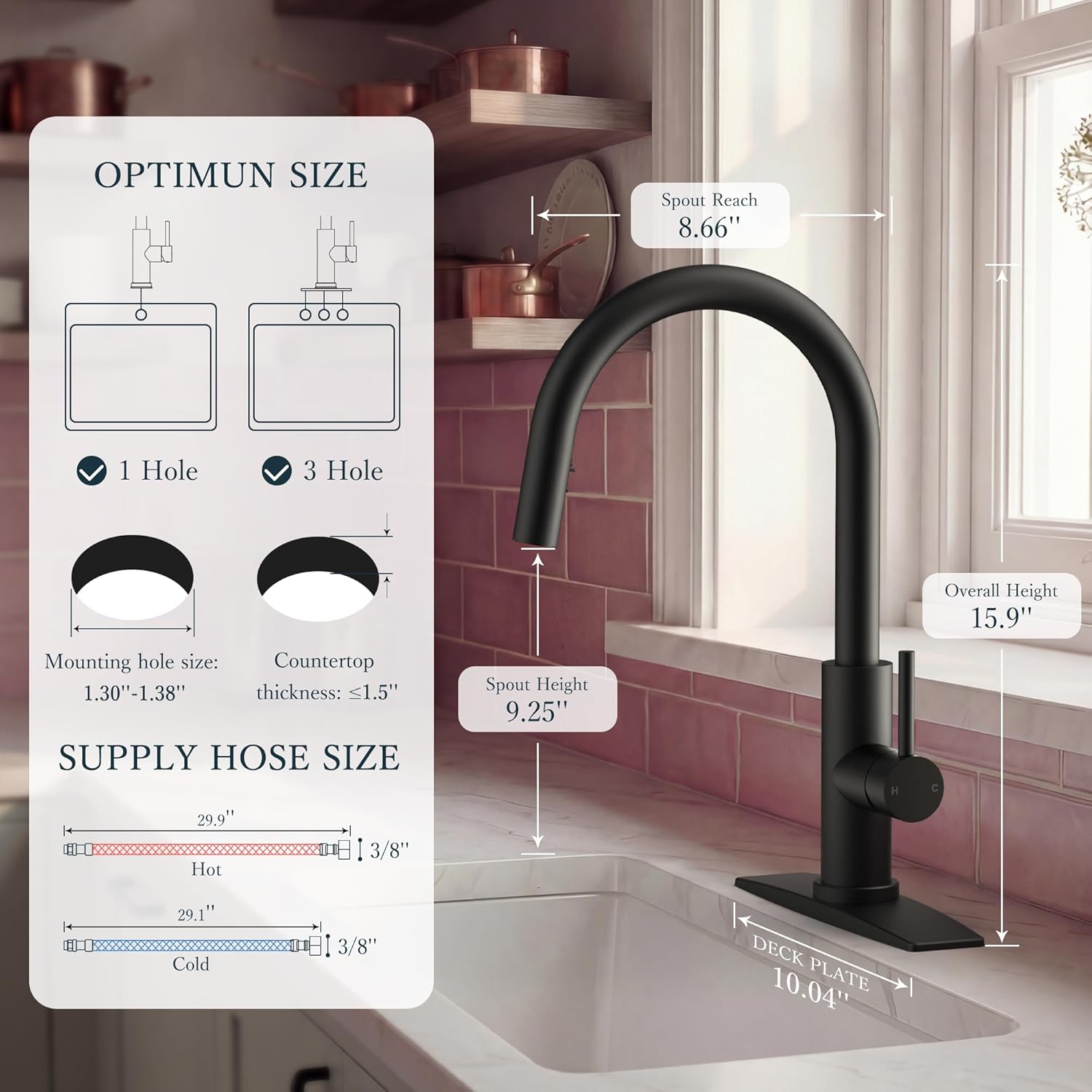 FORIOUS Kitchen Faucets with Pull Down Sprayer, Black Single Handle Stainless Steel High Arc Kitchen Sink Faucet with Deck Plate, Transitional Single Hole Faucet for Bar RV Outdoor Laundry Farmhouse