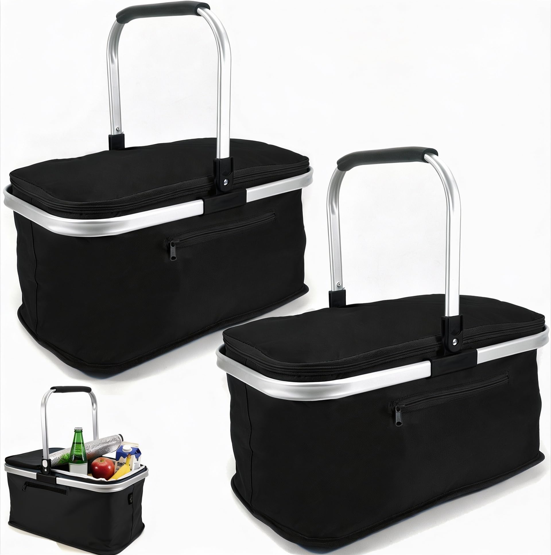 2 Stück 24L Einkaufskorb Groß Isolierkorb Kühlkorb Kühltasche Picknickkorb Thermotasche Kühltasche Thermo Tasche Kühlbox Einkaufskörbe (Schwarz)