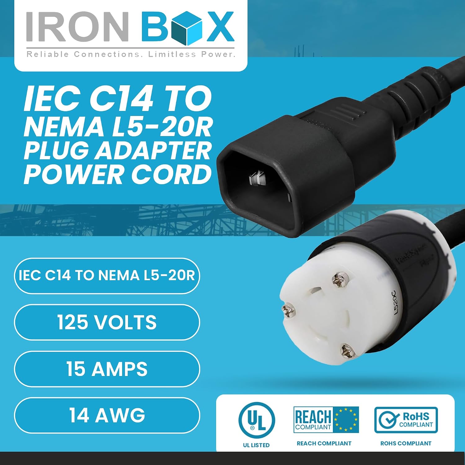 IronBox Electric - IEC C14 to NEMA L5-20R Plug Adapter Power Cord - Rated for 15A/125V - 14 AWG - UL Listed Twist Lock Extension Cable - Heavy Duty Power Cable for Server Rack or Data Center (1 Foot)