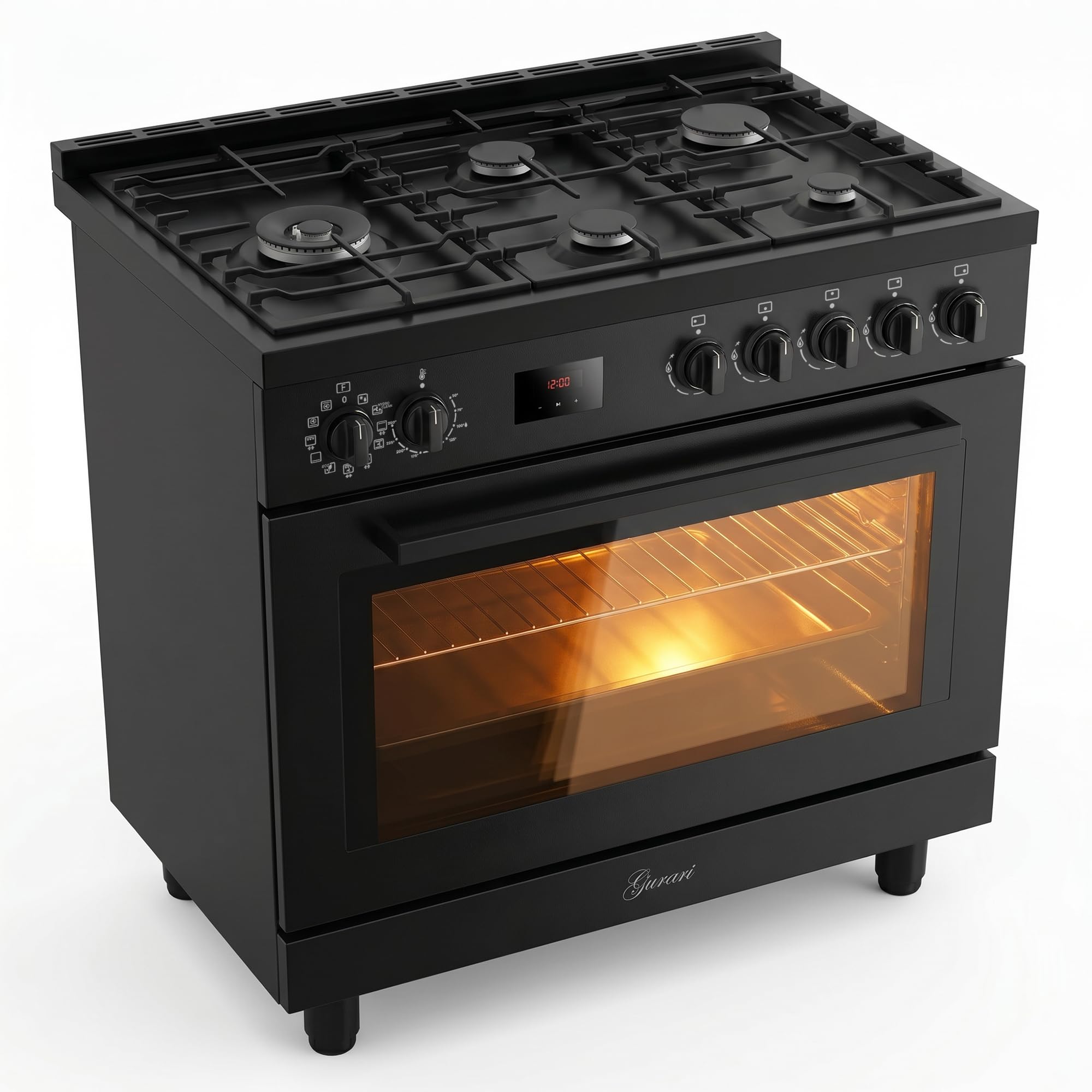 Gurari Cuisinière à gaz 90 cm GCH E 818 BL • Cuisinière électrique à gaz noir • Four XXL 126L avec Air Fry & tournebroche • 5 brûleurs à gaz avec brûleur WOK de 4 kW • Gaz naturel/gaz propane