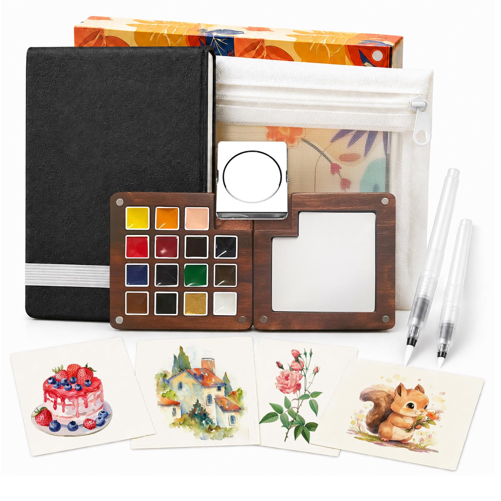 Mini Watercolour Paint Set, 15 Colour Travel Watercolour Walnut Wood Palette Kit with 300GSM Sketchbook, Brush Pens, Clip, Storage Bags and Gift Box, Pocket Art Painting Set for Beginners, Artists