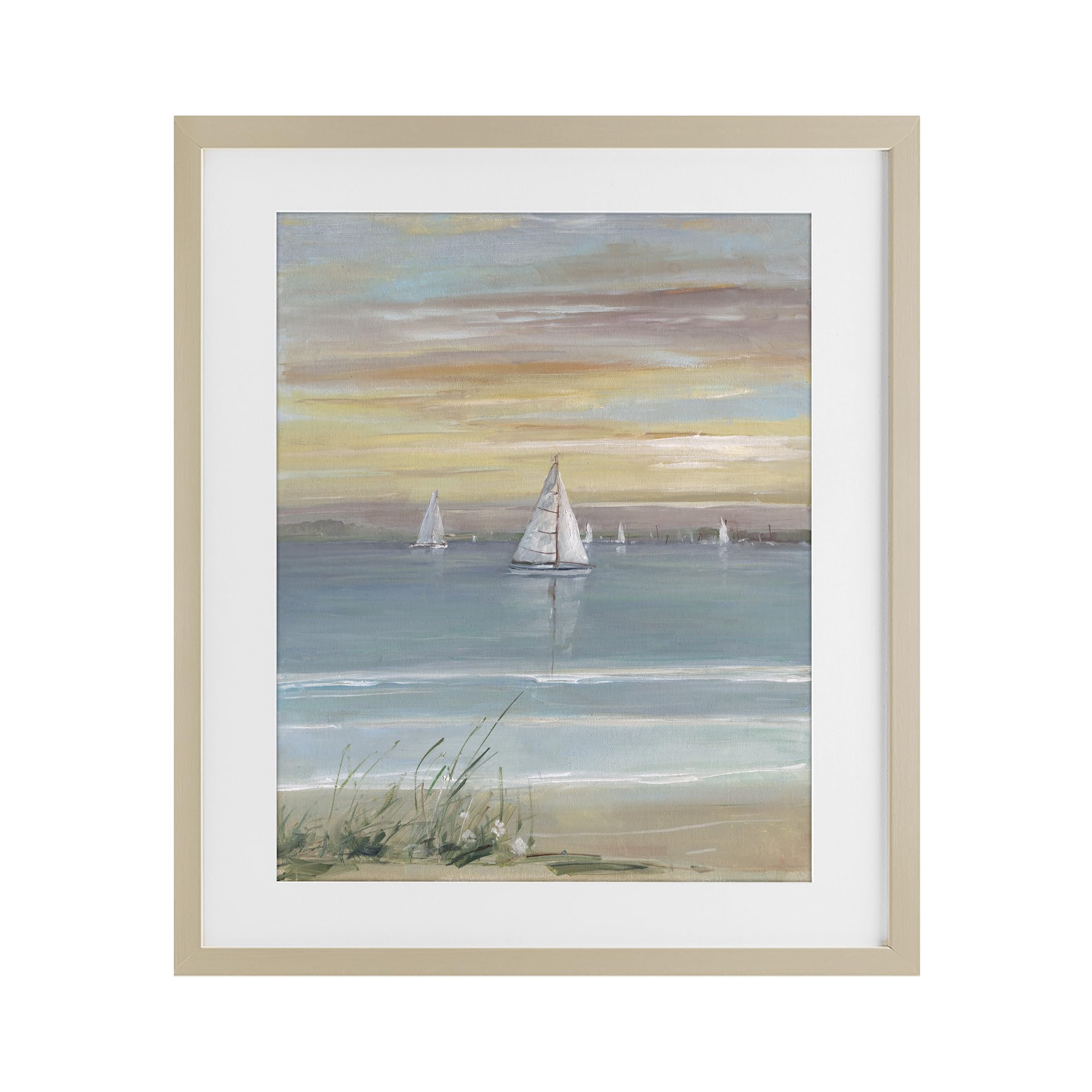 Stupell Industries Harvest Pine (Textured) Coastal Sailboats Twilight Seascape, 17 X 21 Inch Framed Print Under Glass