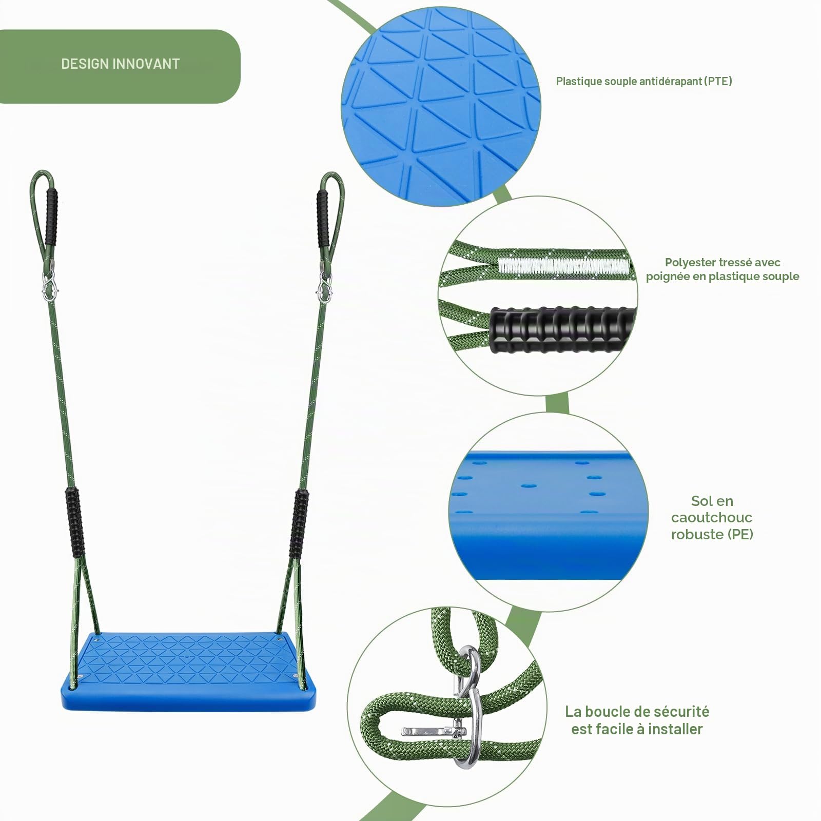 Balançoire de Jardin, en Caoutchouc antidérapant pour intérieur et extérieur avec 2 mousquetons et Corde réglable en Hauteur (1,3m-2m) pour Aire de Jeux, Jardin, Adolescents/Adultes, Bleu,100KG
