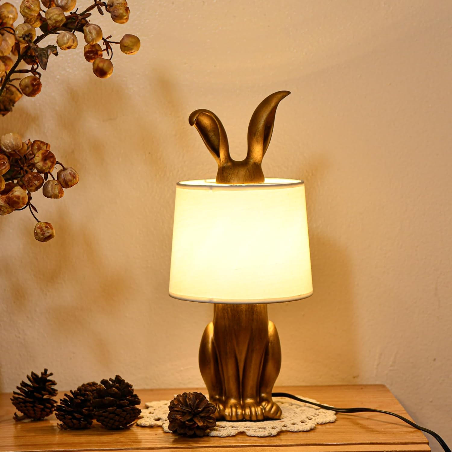 Bunny Table Lamp, Cute Animal Rabbit Lamp,Bunny Lamps,15.7" Vintage LED Desk Light with Linen Lampshade,Gold Main Part Beside Lamp for Bedroom, Study Room, Office, Nursery, Home Decor (Linen White)