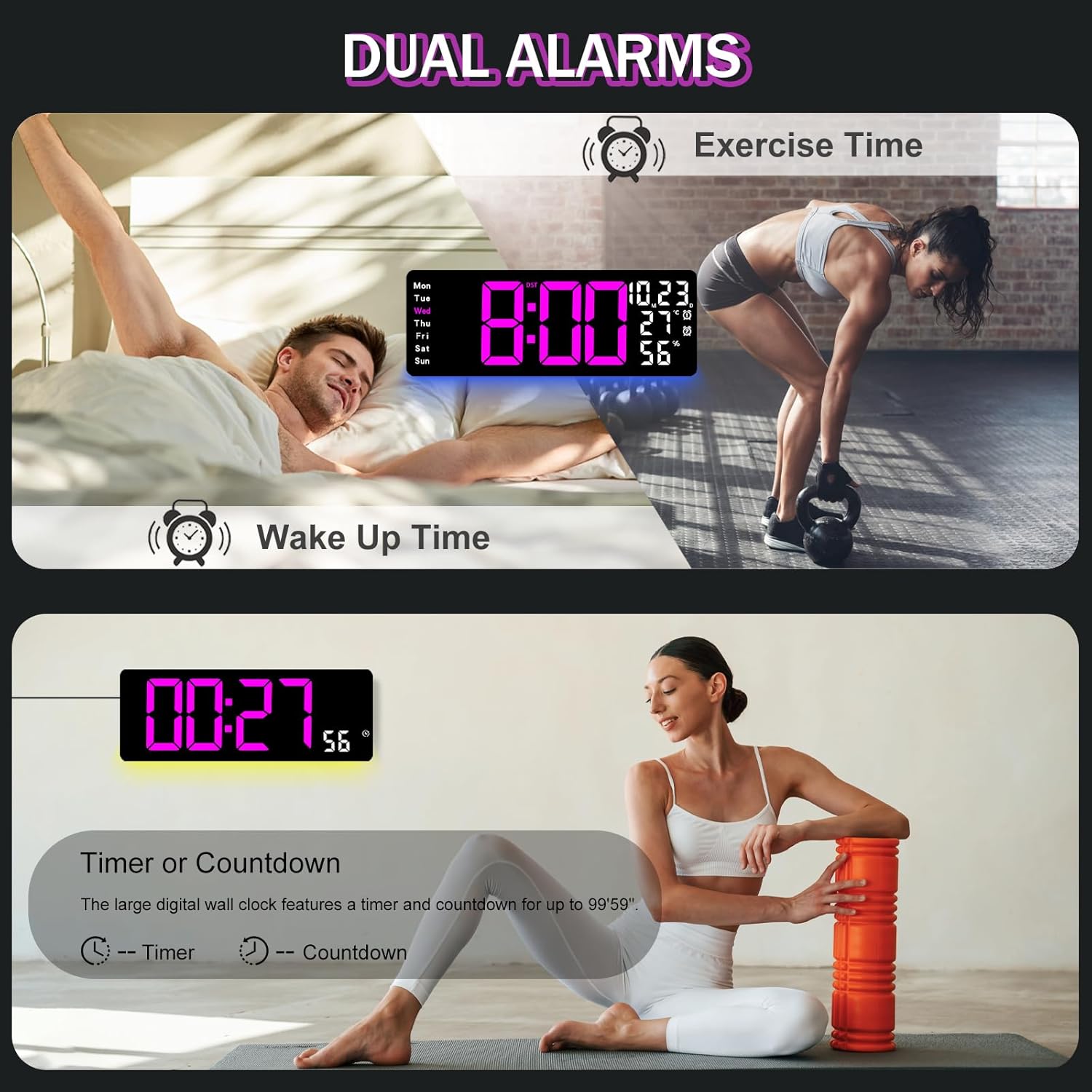 Image showing the clock displaying dual alarms, one for 'Wake Up Time' and another for 'Exercise Time', along with a timer/countdown function.