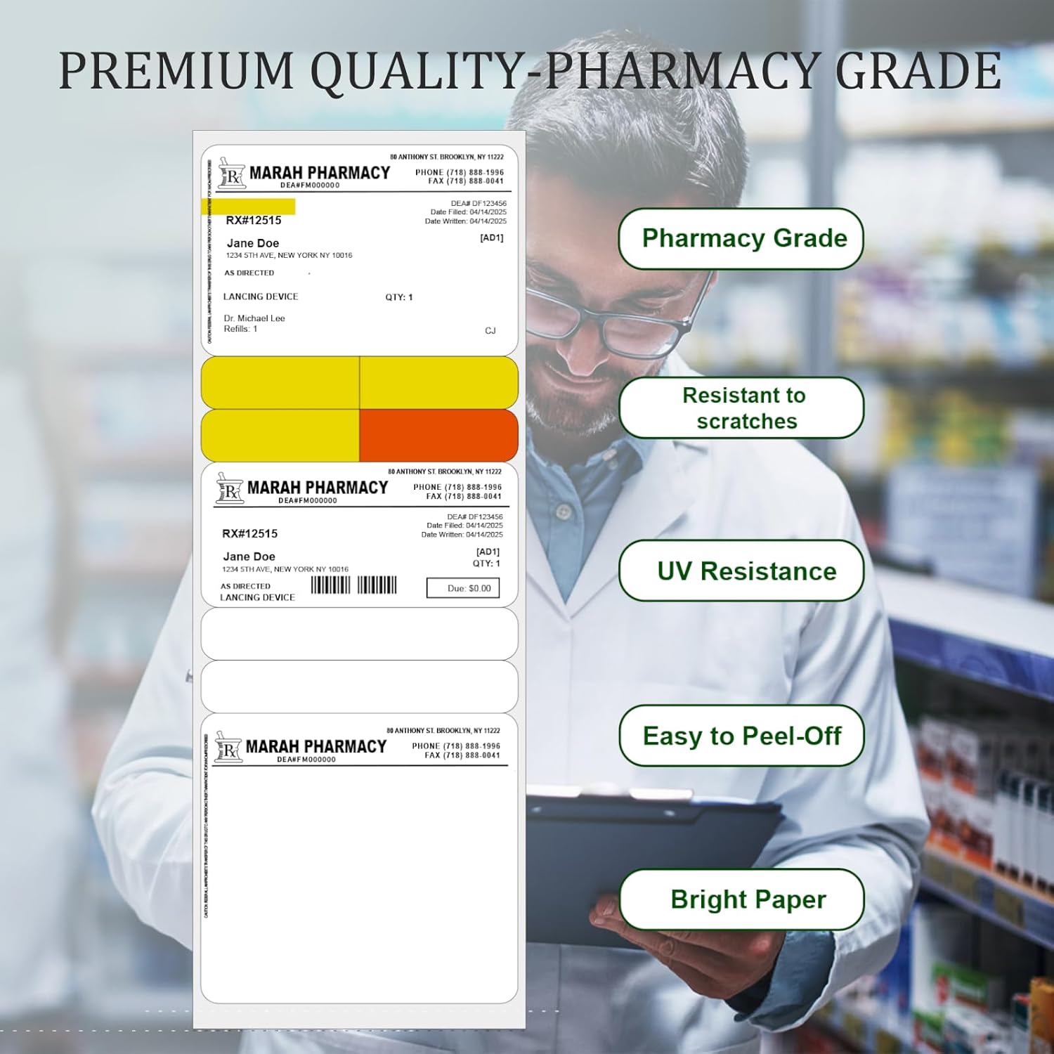 Marah P76 Prescription Labels Direct Thermal Prescription Labels 3 1/8" W x 8.5" L RX Labels Pharmacy Grade with Scratch and UV Resistance Pharmacy Grade 300 Labels/Roll (6Rolls, 1800 in Total)