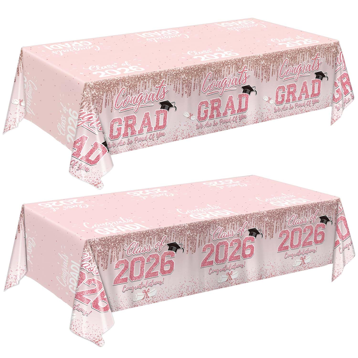 Photo 1 of QIYANPAX Graduation Tablecloth, Rose Gold Graduation Decorations Class of 2026, Disposable Plastic Pink Tablecloths for Congrats Grad Party Decorations, 54 x 108 Inch, 2 Pack