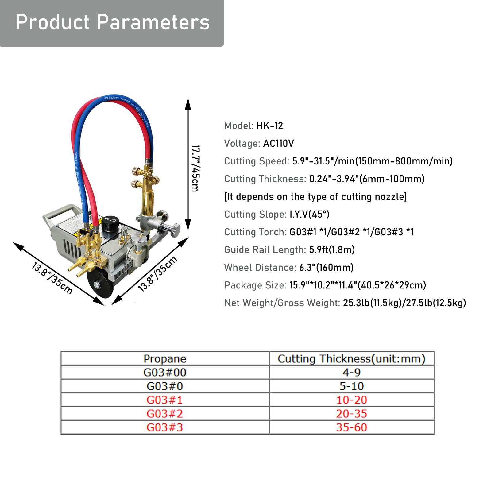 INTSUPERMAI HK12 Track Torch Gas Cutting Machine Straight Line Flame Cutting Machine Metal Cutting Beveling 6' Track *2 Included