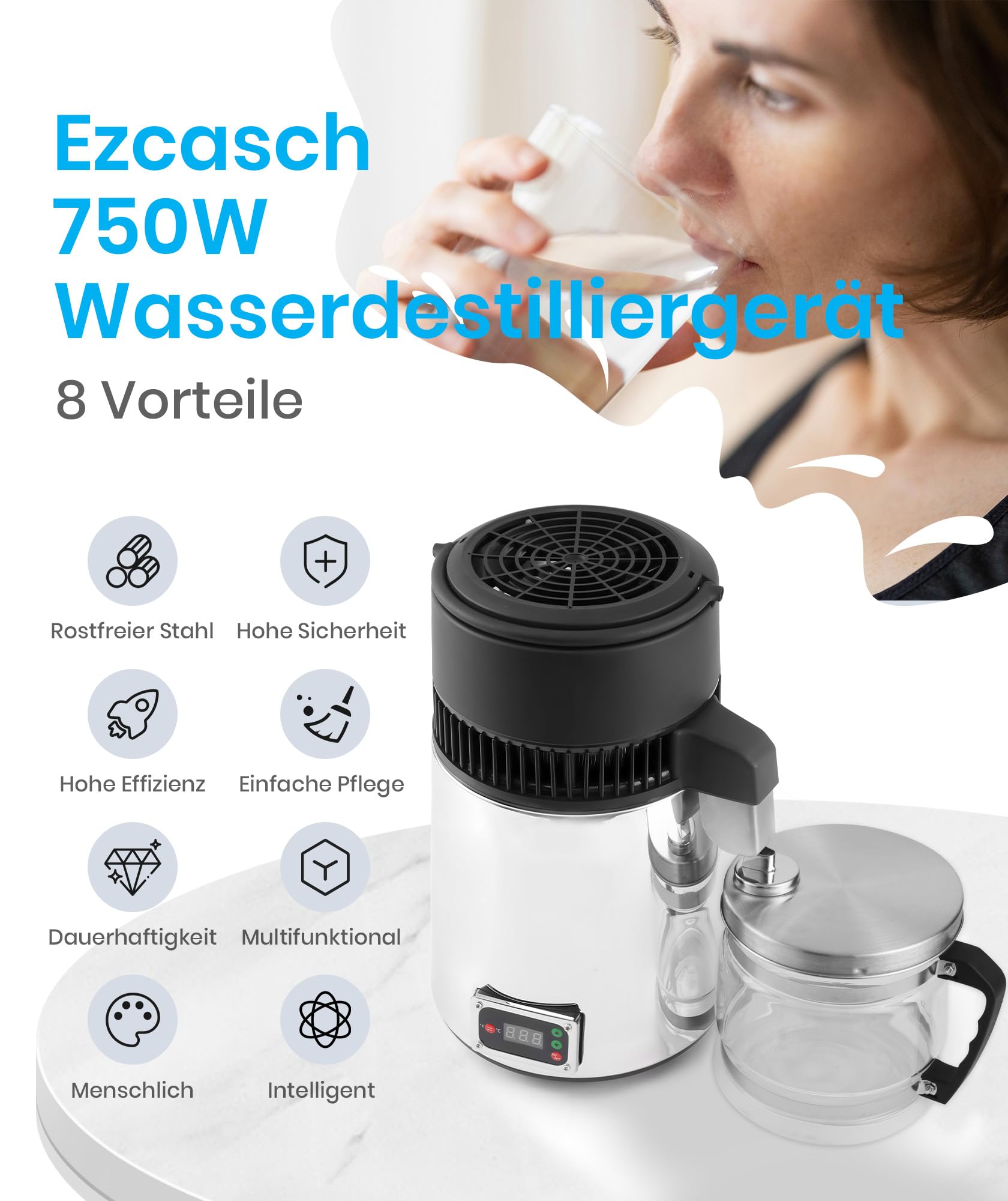 Wasserdestilliergerät (750W 1L/H) Edelstahl Destilliertes Wasser Maschine Automatisch Wasserdestillierer Wasser Distiller Filter für Reines Trinkwasser inkl. Glaskanne